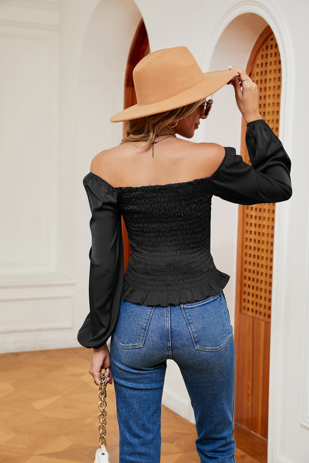 Bohemian Smocked Off the Shoulder Ruffle Hem Blouse