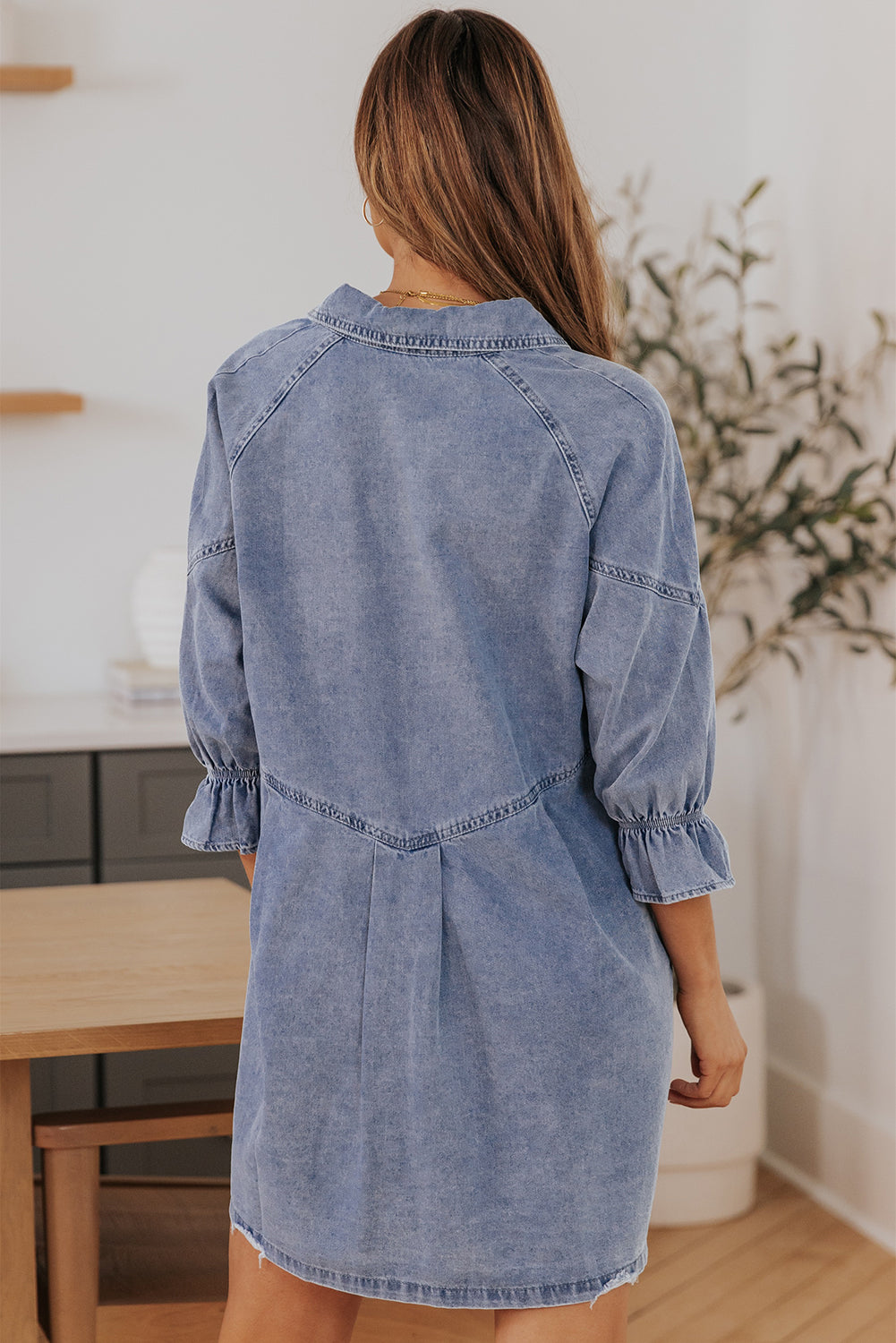 Denim Collared Neck Flounce Sleeve Mini Dress