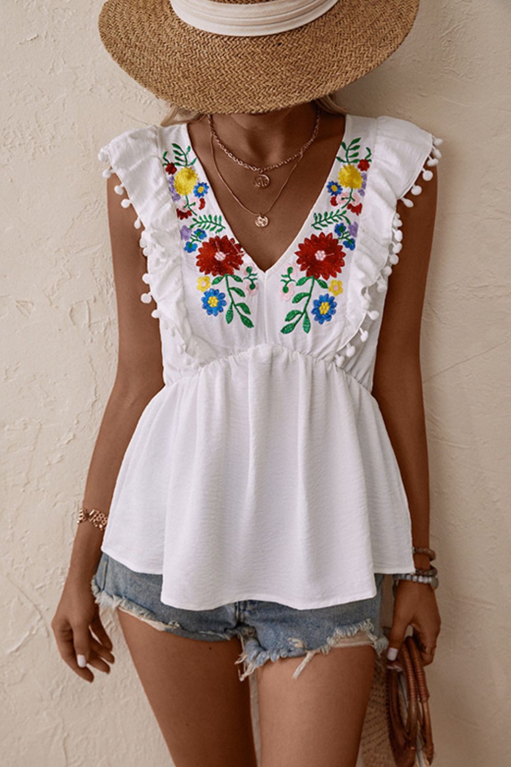 Boho Embroidered Pom-Pom Trim Cap Sleeve Babydoll Top