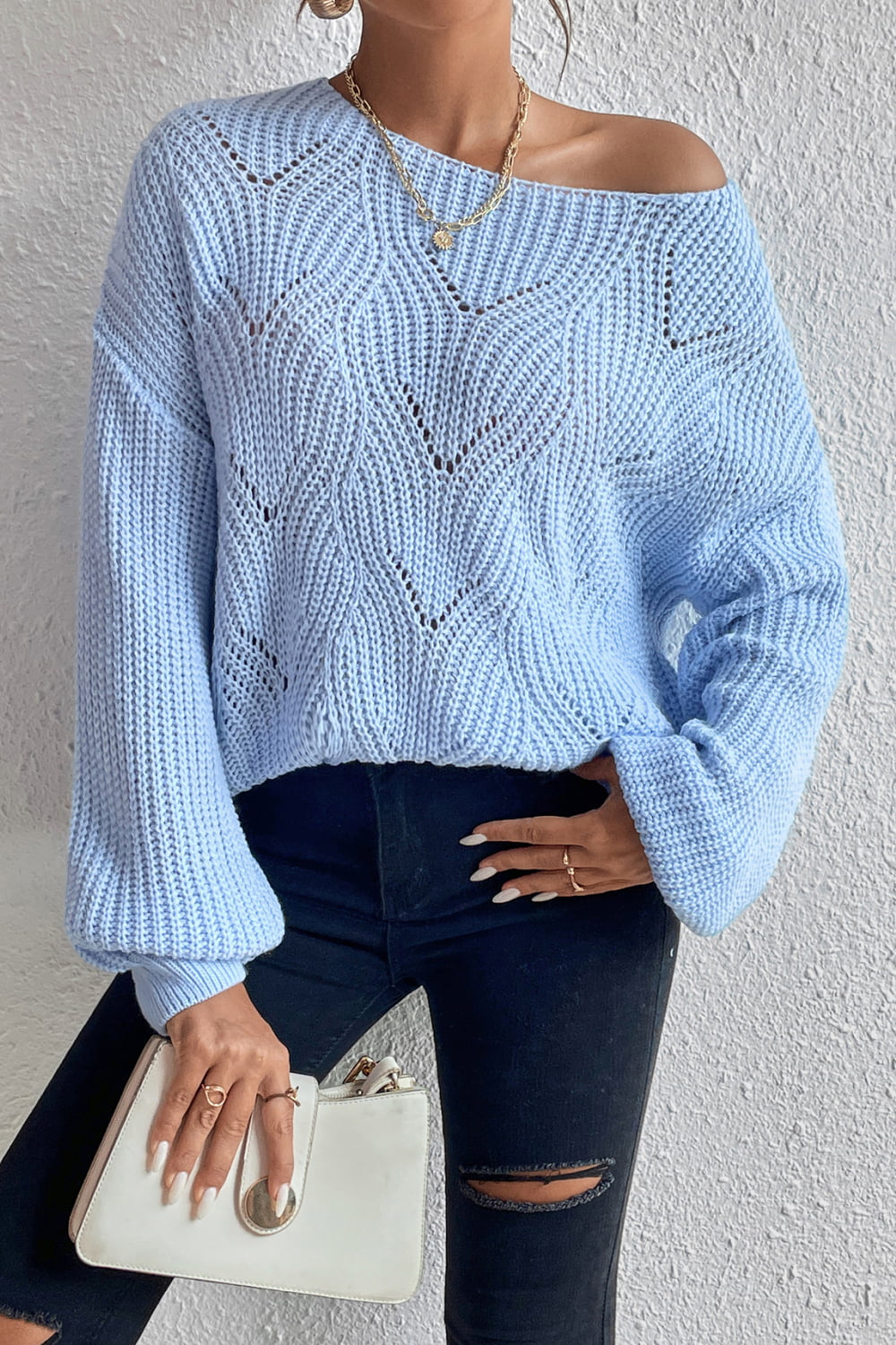 Boho Baby Blue Openwork Boat Neck Dropped Shoulder Sweater