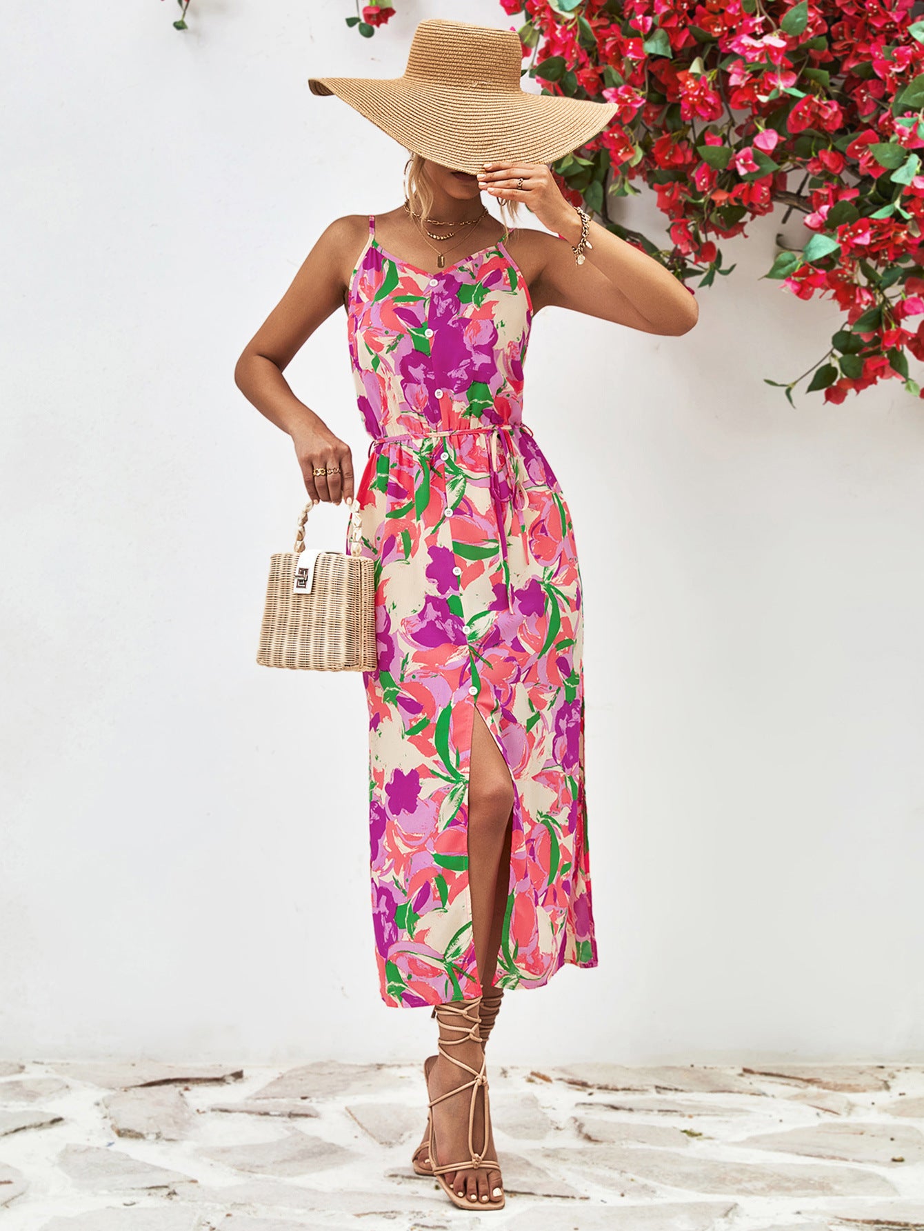 Gia Floral Printed Spaghetti Strap Front Slit Midi Dress