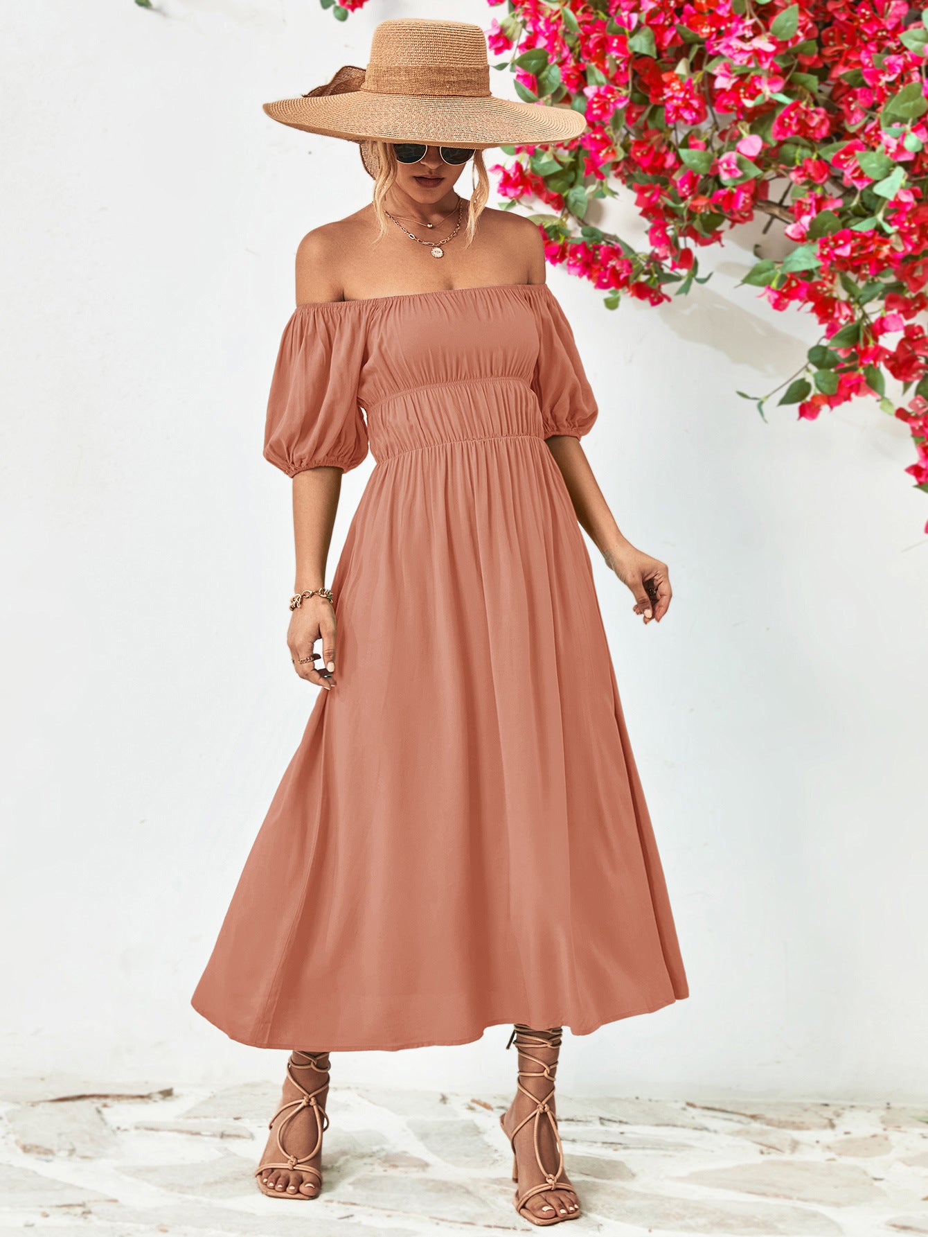 Hillary Boho Off the Shoulder Balloon Sleeve Midi Dress