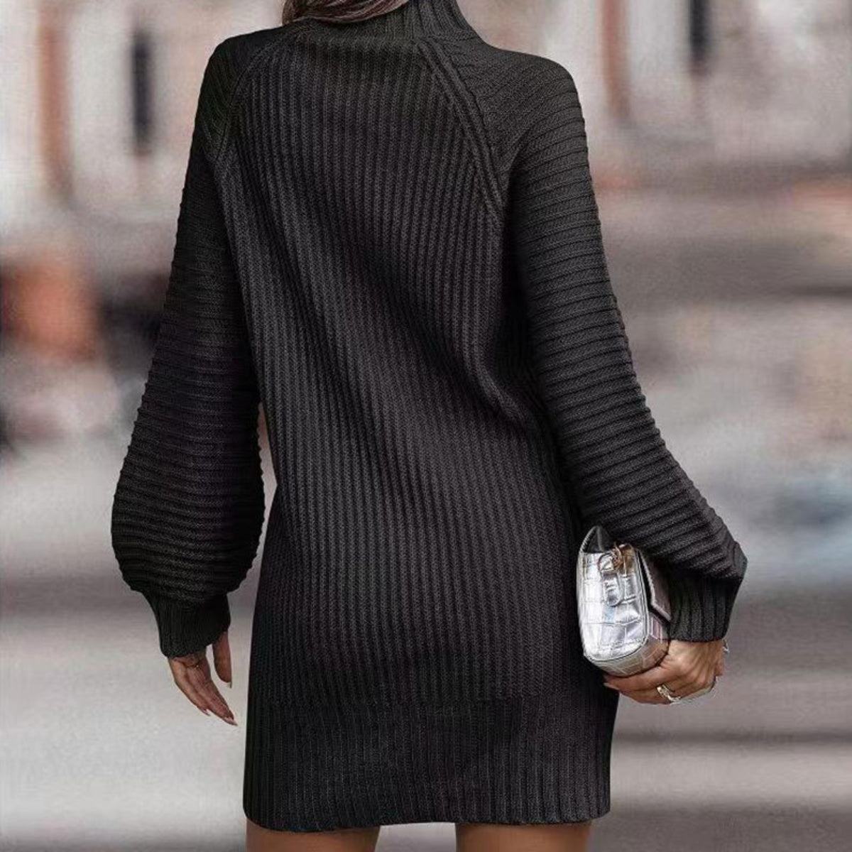 Bohemian Ribbed Mock Neck Lantern Sleeve Sweater Dress