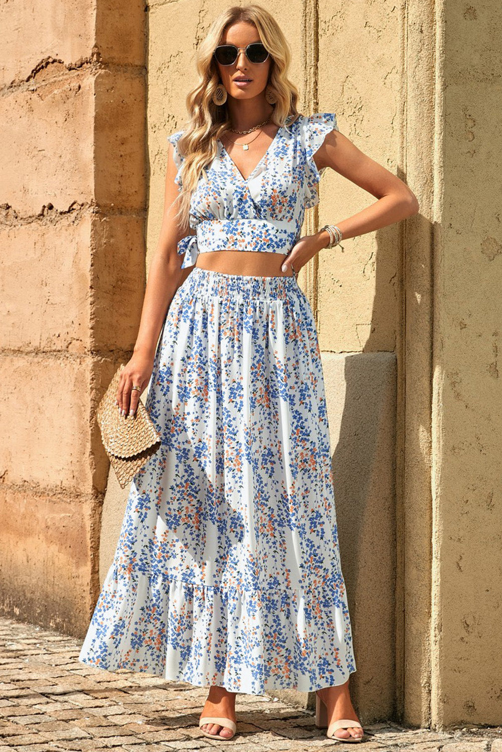 Boho Floral Printed Tie Back Cropped Top and Maxi Skirt Set