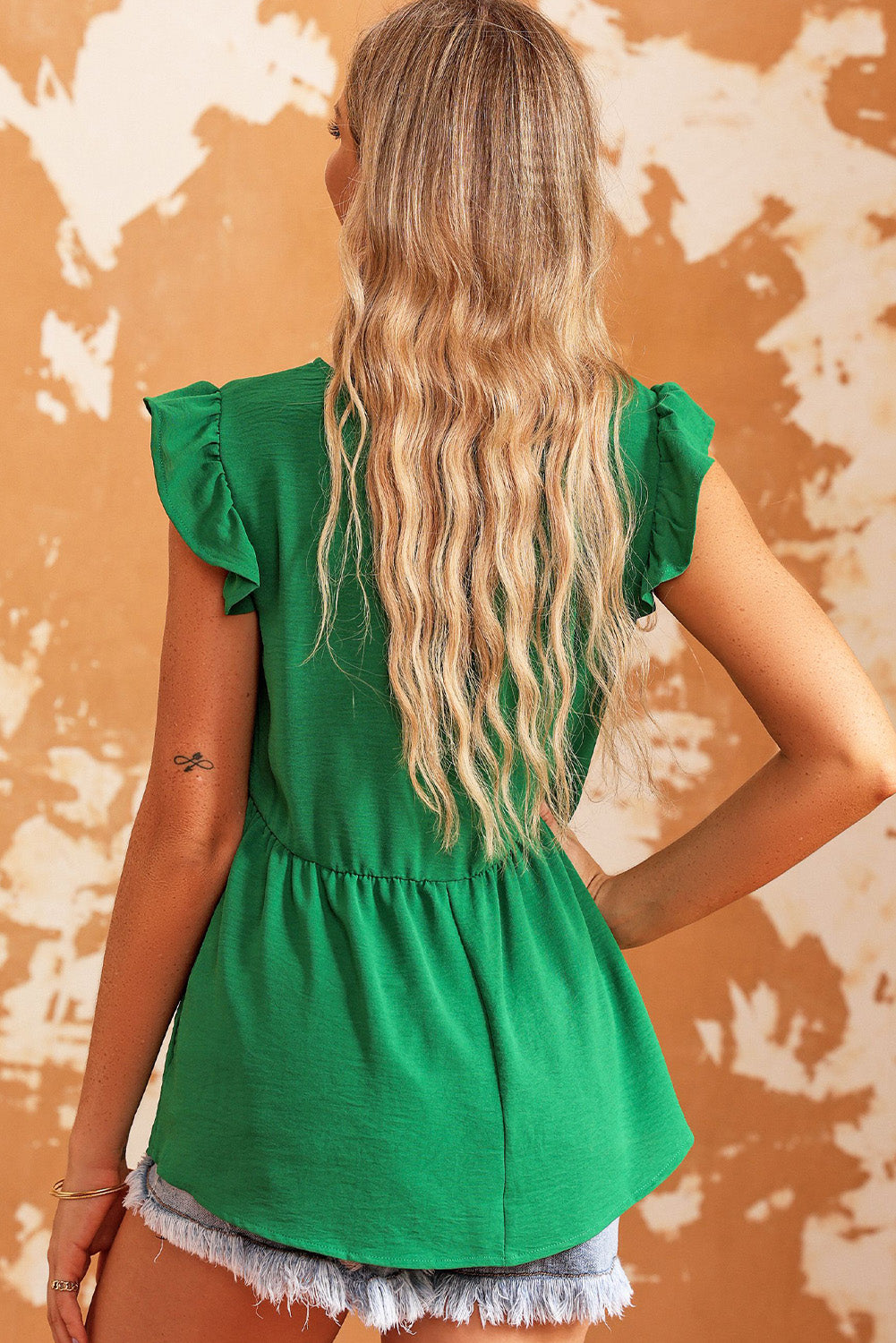 Bohemian Green V-Neck Cap Sleeve Babydoll Tank