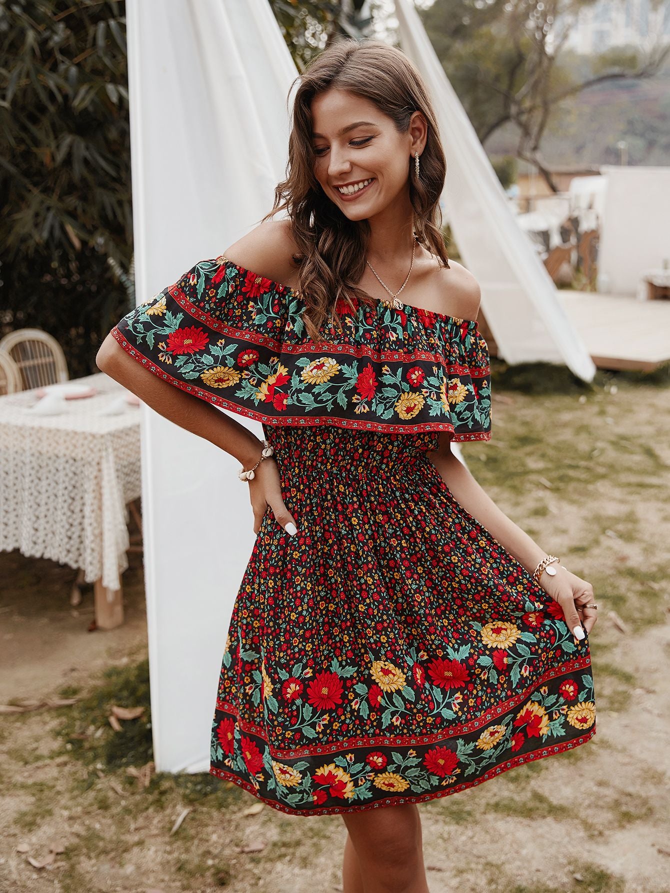 Carrie Bohemian Print Off-Shoulder Strapless Knee Length Dress