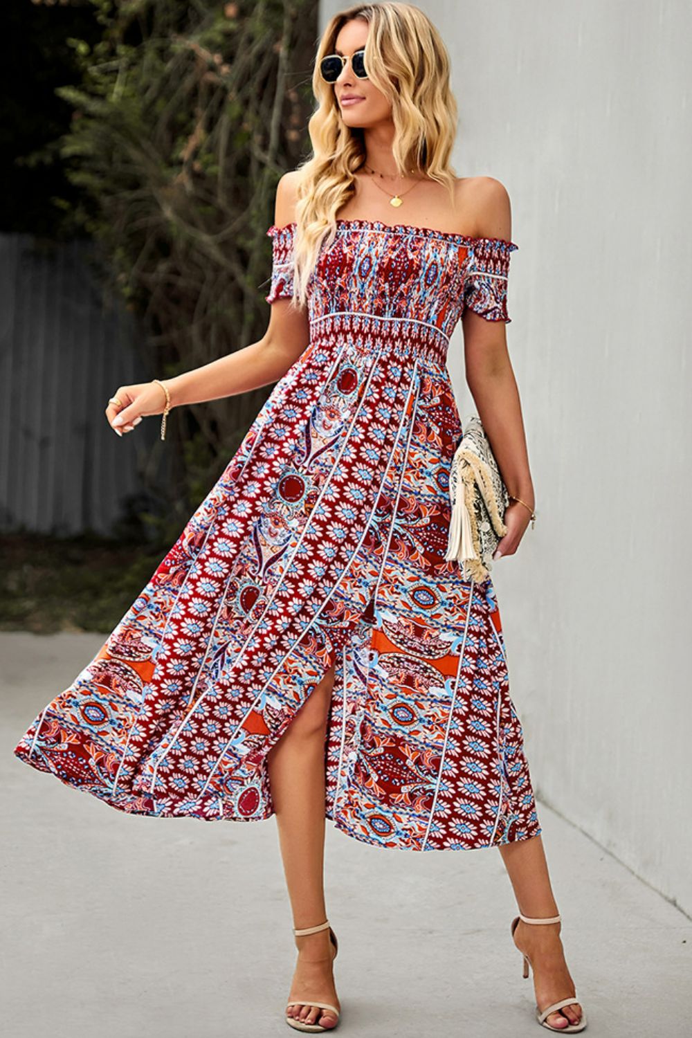Bohemian Off-Shoulder Midi Frill Trim Split Dress