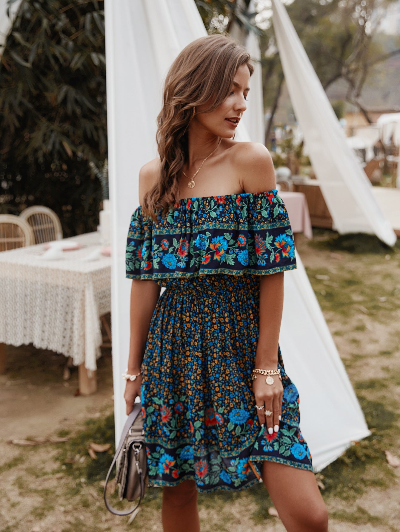 Carrie Bohemian Print Off-Shoulder Strapless Knee Length Dress