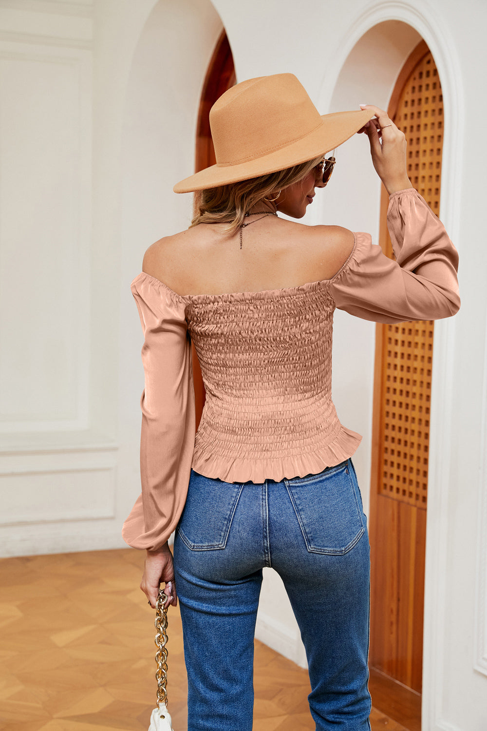 Bohemian Smocked Off the Shoulder Ruffle Hem Blouse
