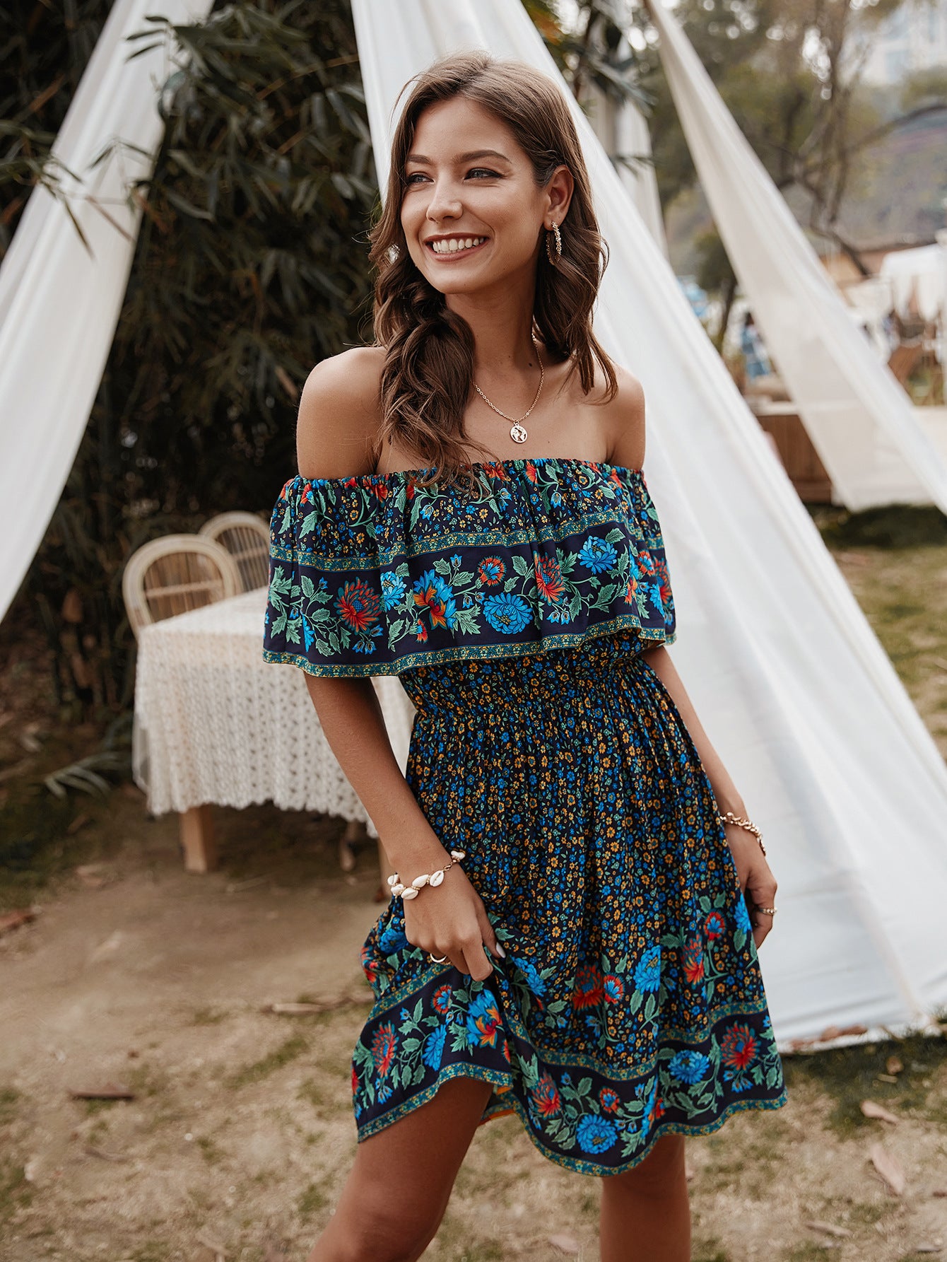 Carrie Bohemian Print Off-Shoulder Strapless Knee Length Dress