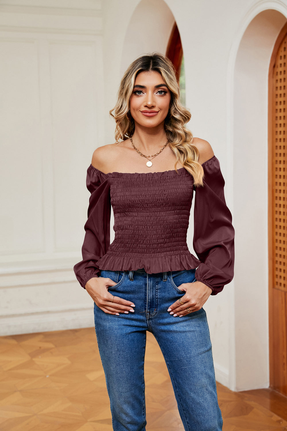 Bohemian Smocked Off the Shoulder Ruffle Hem Blouse