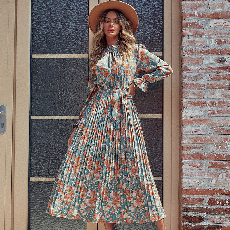 Bohemian Fall Long Sleeve Pleated Floral Women's Long Dress