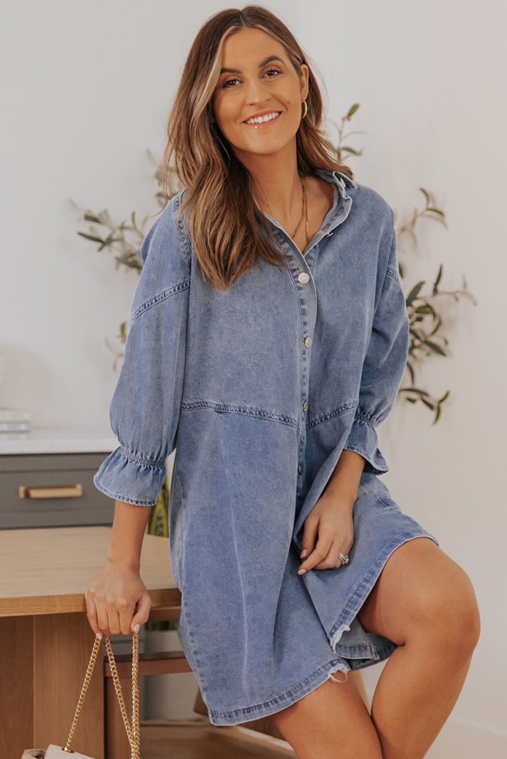 Denim Collared Neck Flounce Sleeve Mini Dress