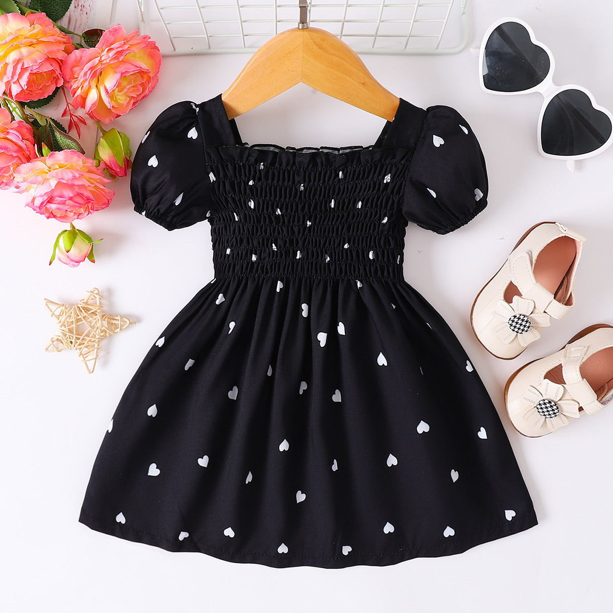 Little Baby Girl Boho Heart Print Smocked Square Neck Dress