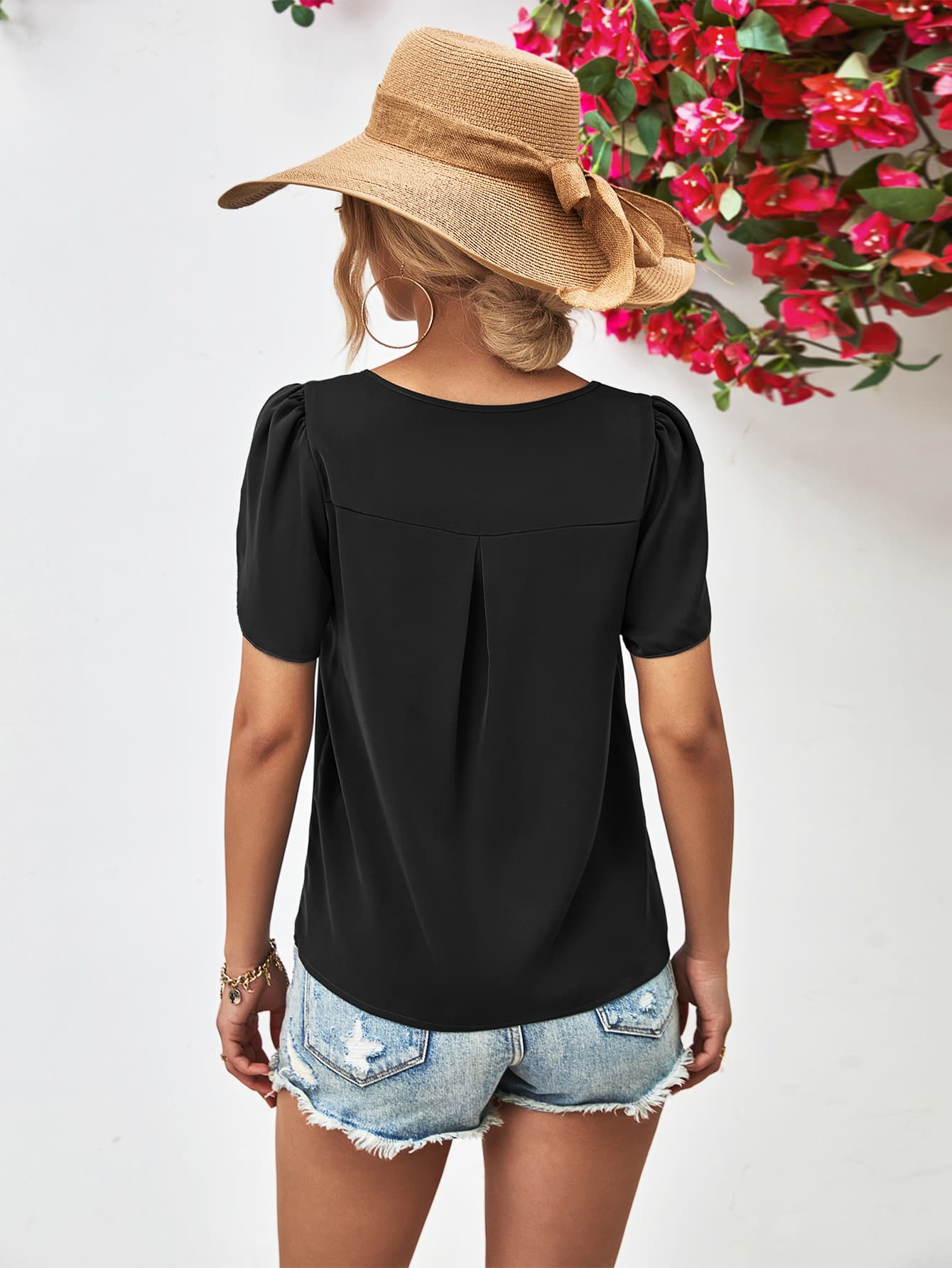 Cutout Keyhole Round Neck Petal Sleeve Blouse