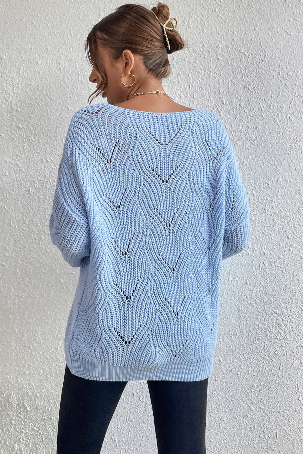 Boho Baby Blue Openwork Boat Neck Dropped Shoulder Sweater