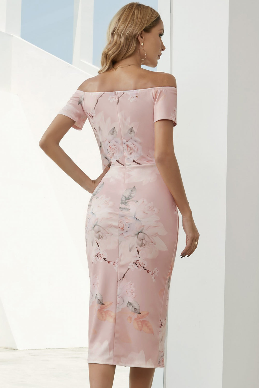 Printed Off-Shoulder Split Midi Dress