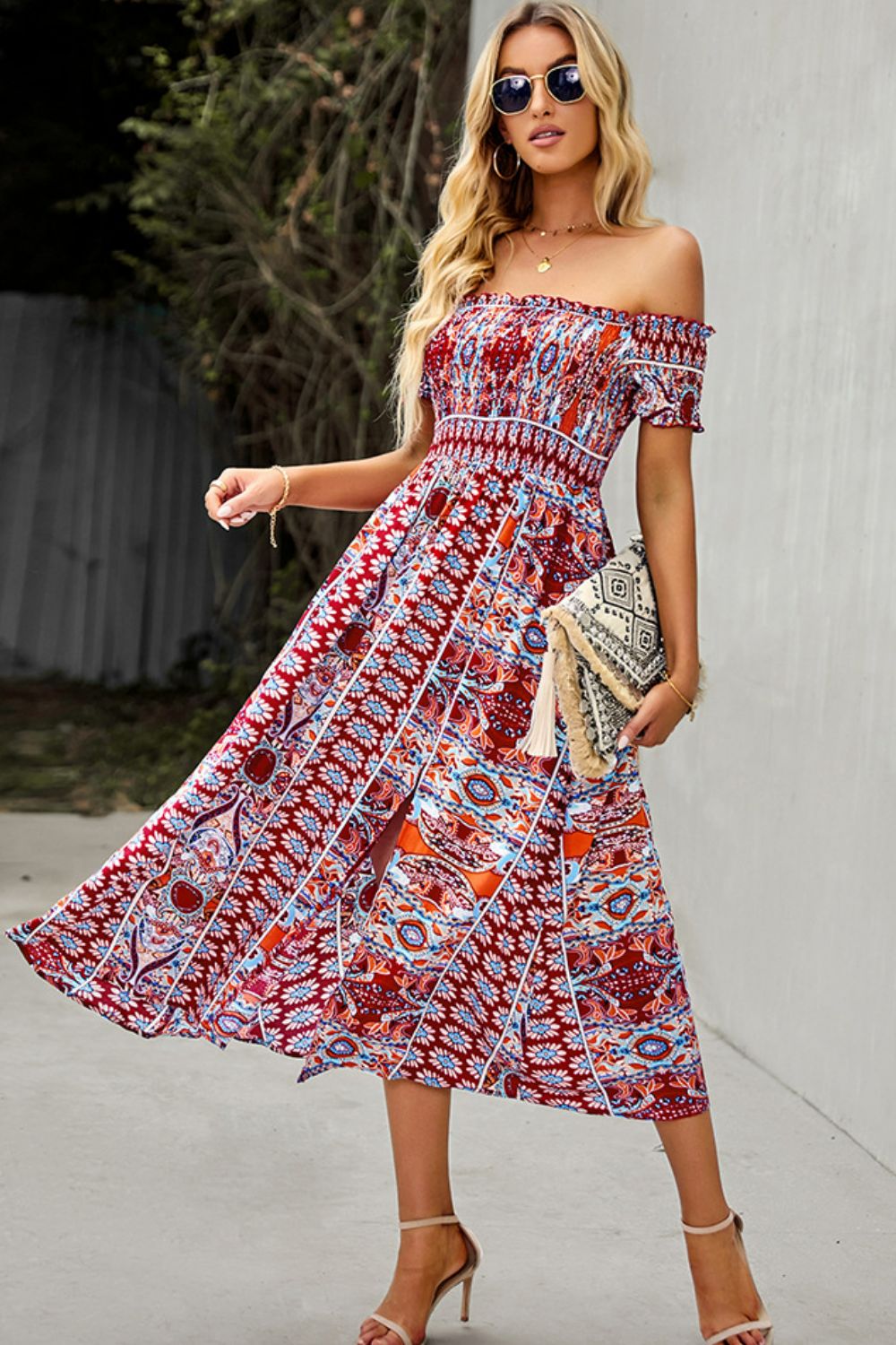 Bohemian Off-Shoulder Midi Frill Trim Split Dress