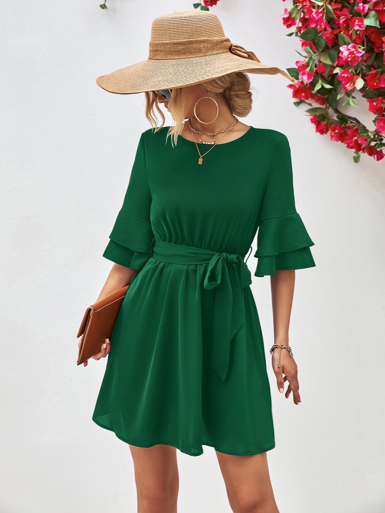 Charlie Round Neck Tie Belt Flounce Sleeve Dress
