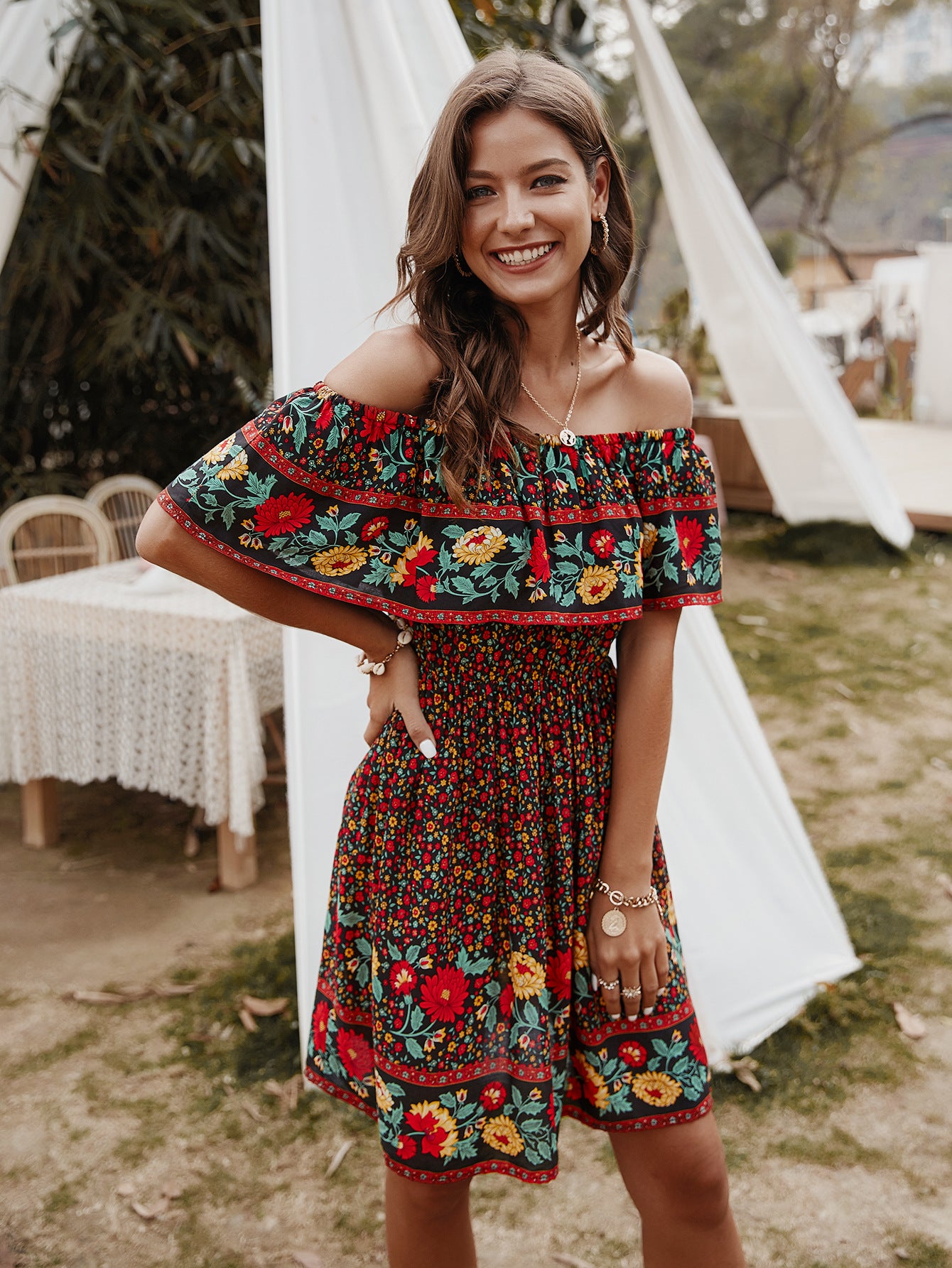Carrie Bohemian Print Off-Shoulder Strapless Knee Length Dress