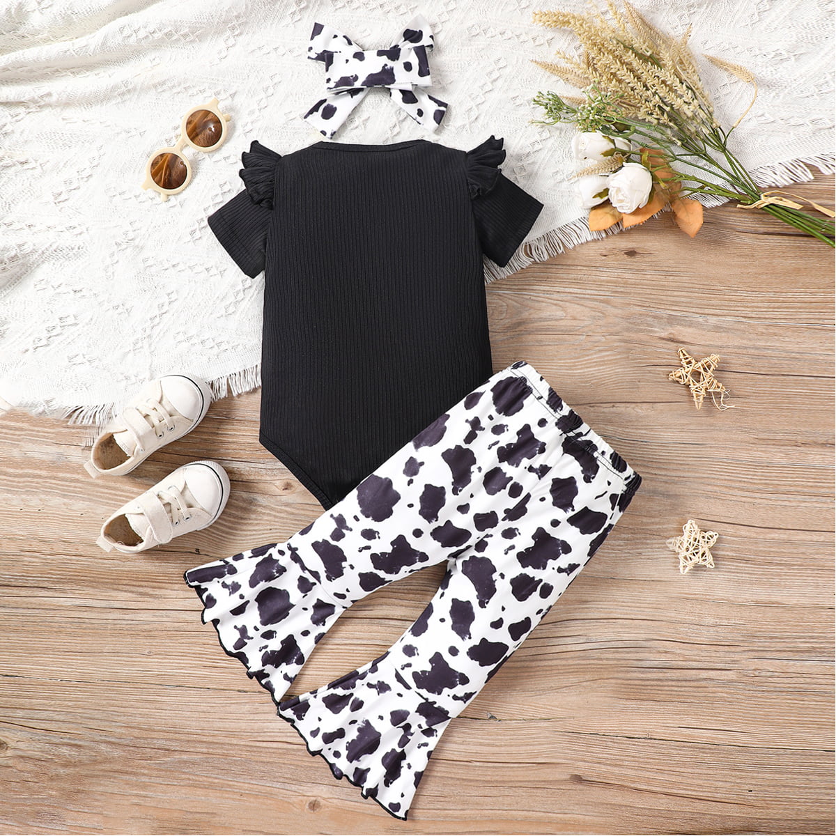 Little Baby Girl Ribbed Bodysuit and Printed Flare Pants Set