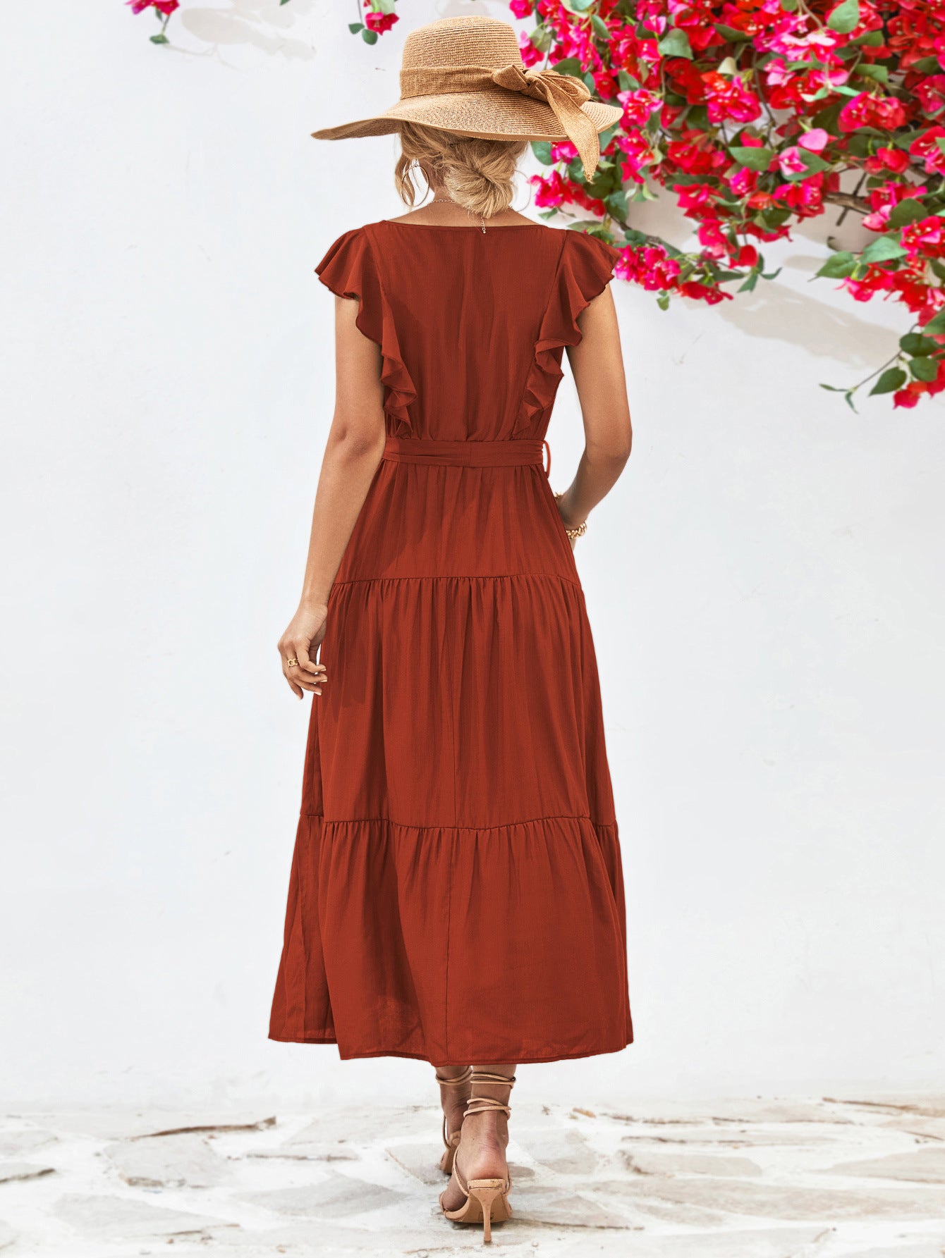 Evelyn Bohemian Tie Belt Ruffle Tier Midi Dress