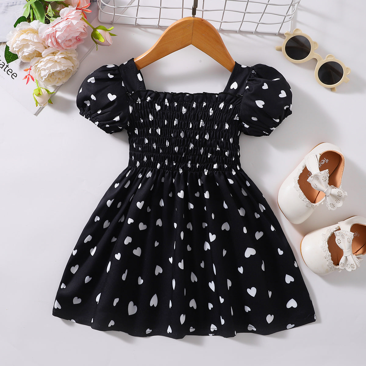 Little Baby Girl Boho Heart Print Smocked Square Neck Dress