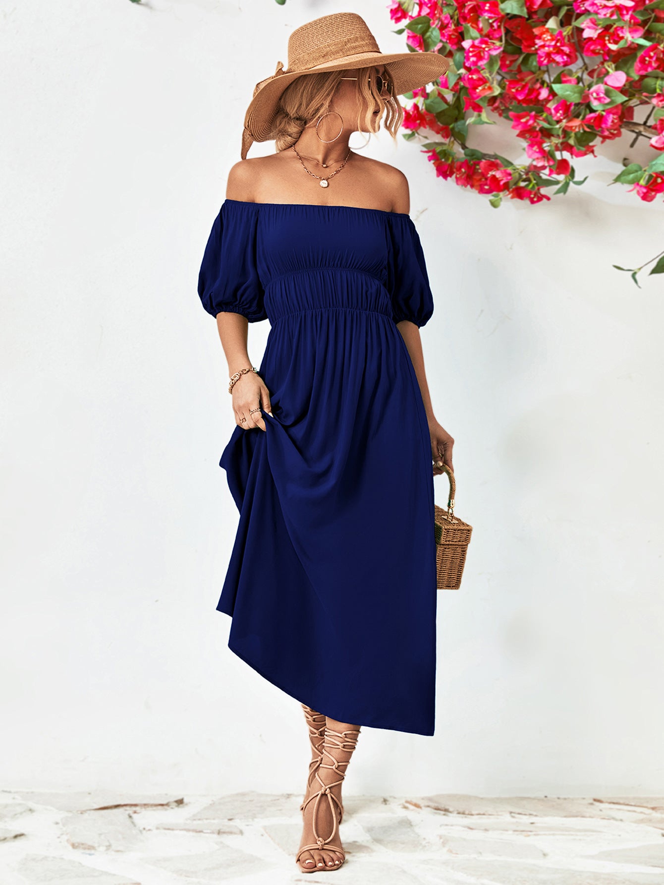 Hillary Boho Off the Shoulder Balloon Sleeve Midi Dress