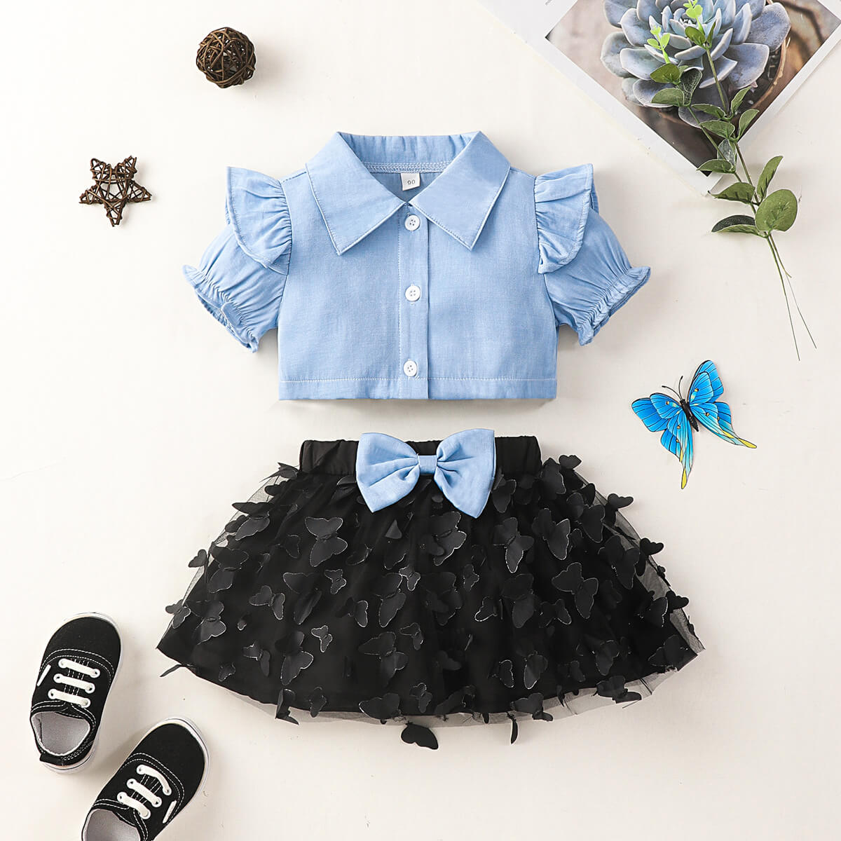 Little Girls - Big Girls Bohemian Ruffle Shoulder Shirt and Butterfly Applique Skirt Set