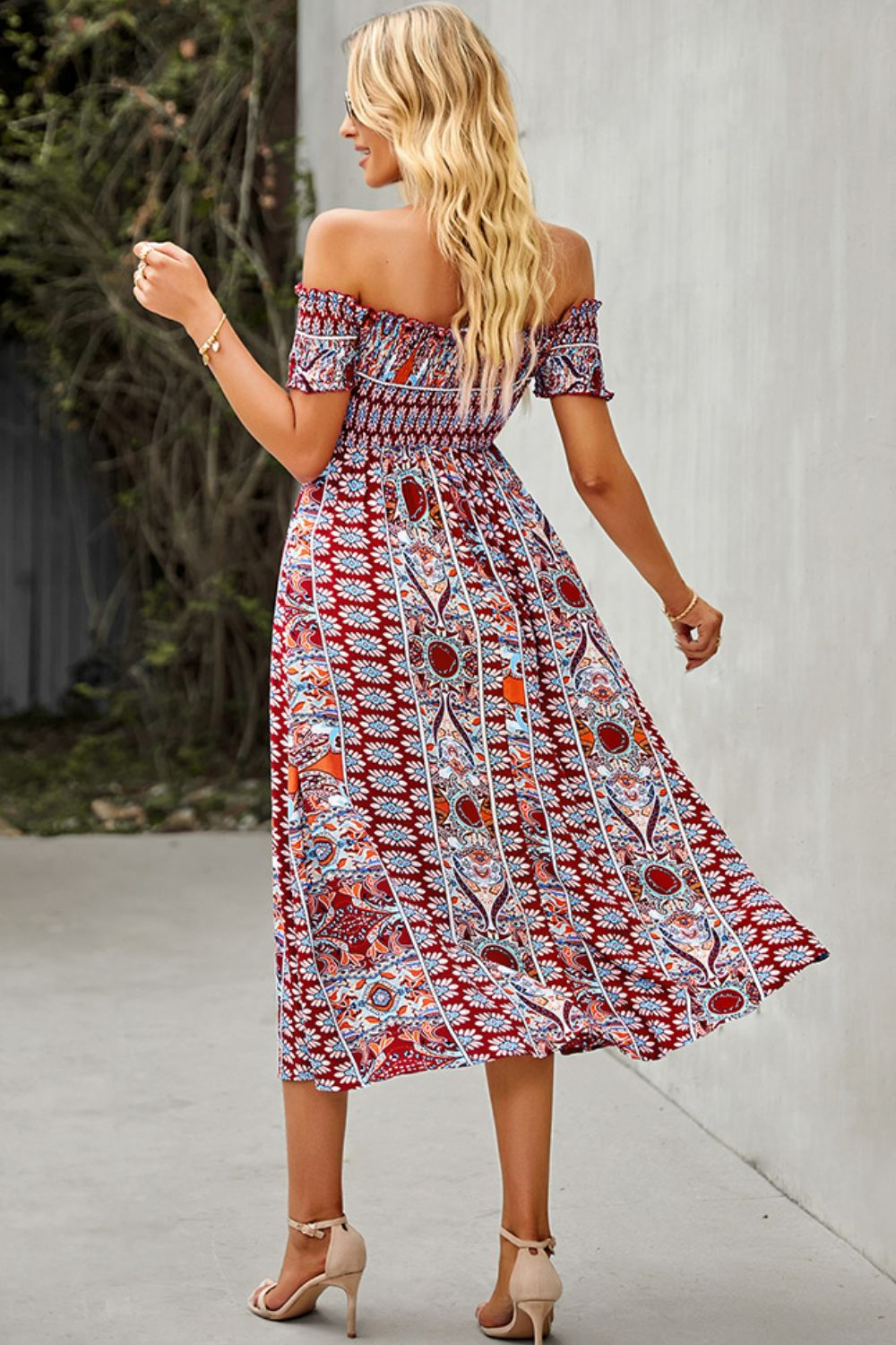Bohemian Off-Shoulder Midi Frill Trim Split Dress