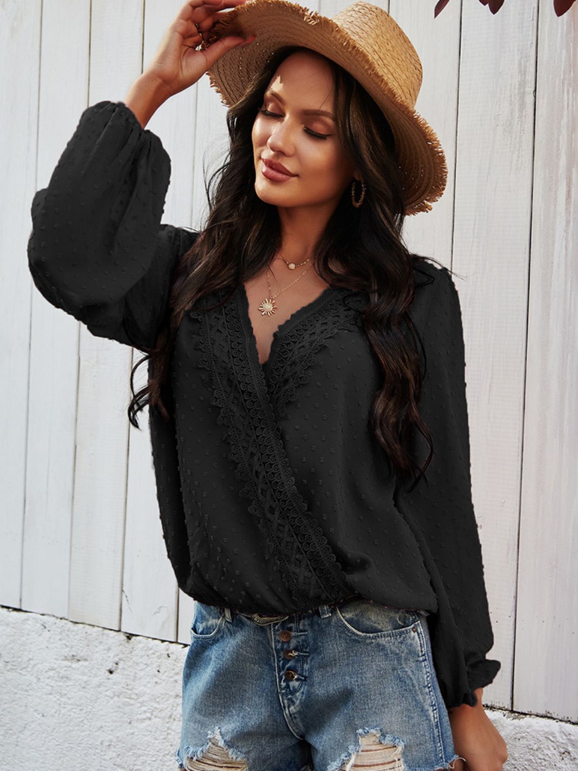 Black Boho Swiss Dot Balloon Sleeve Top