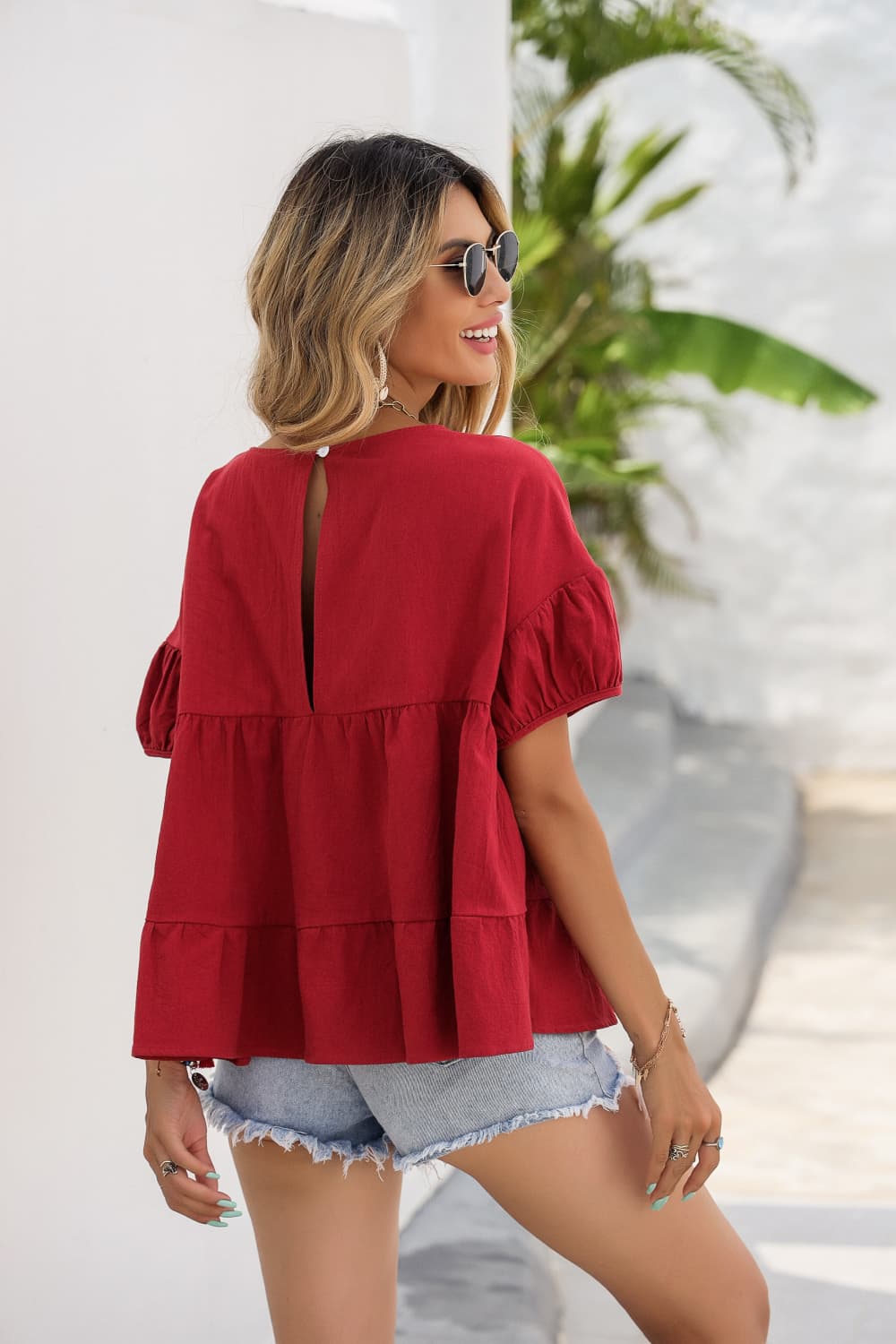 Boho Red Round Neck Ruched Short Sleeve Blouse