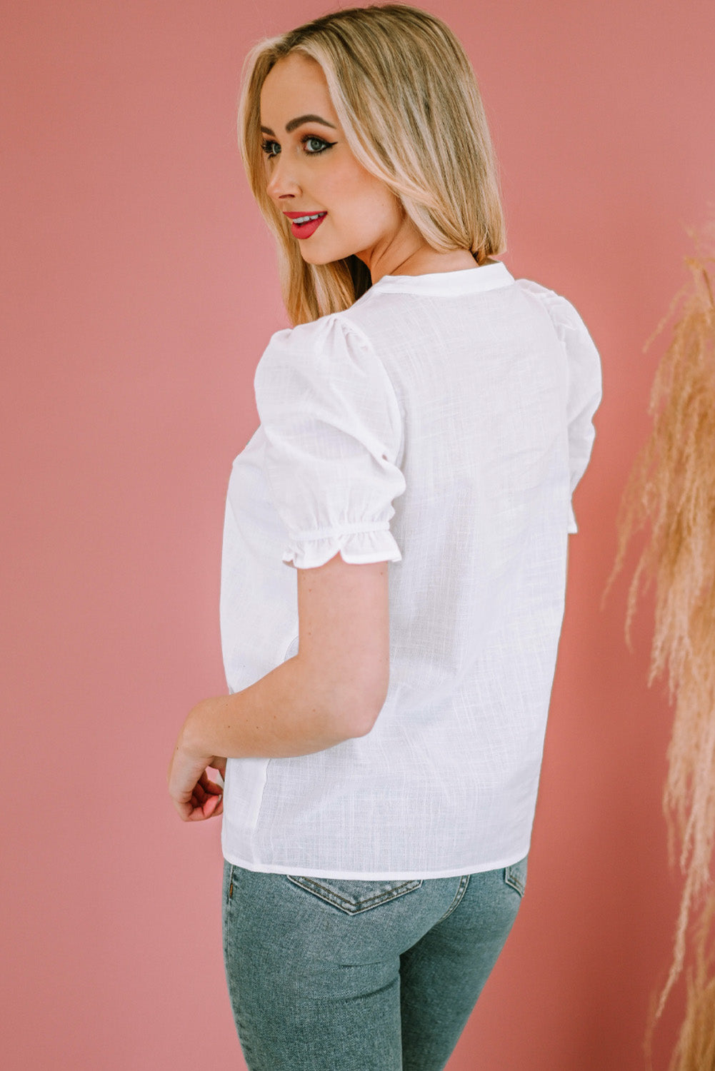 Boho Embroidered Notched Neck Flounce Sleeve Top