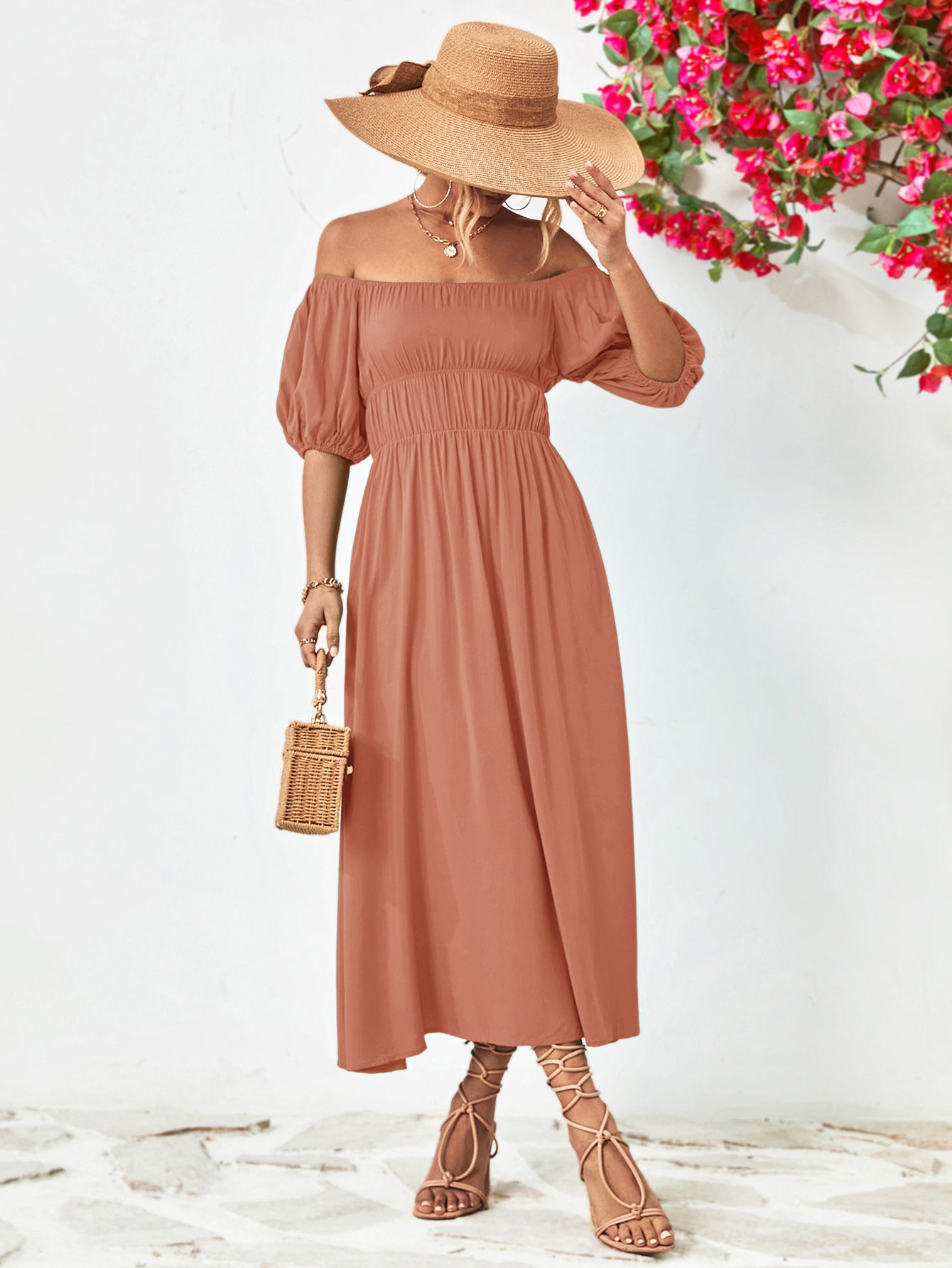 Hillary Boho Off the Shoulder Balloon Sleeve Midi Dress