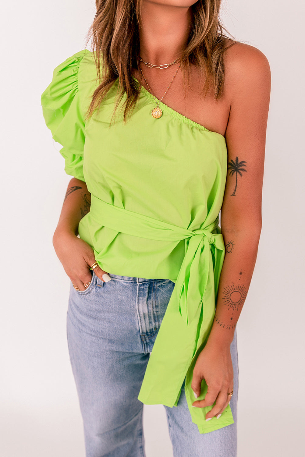 Women's Tied Puff Sleeve One-Shoulder Trendy Top