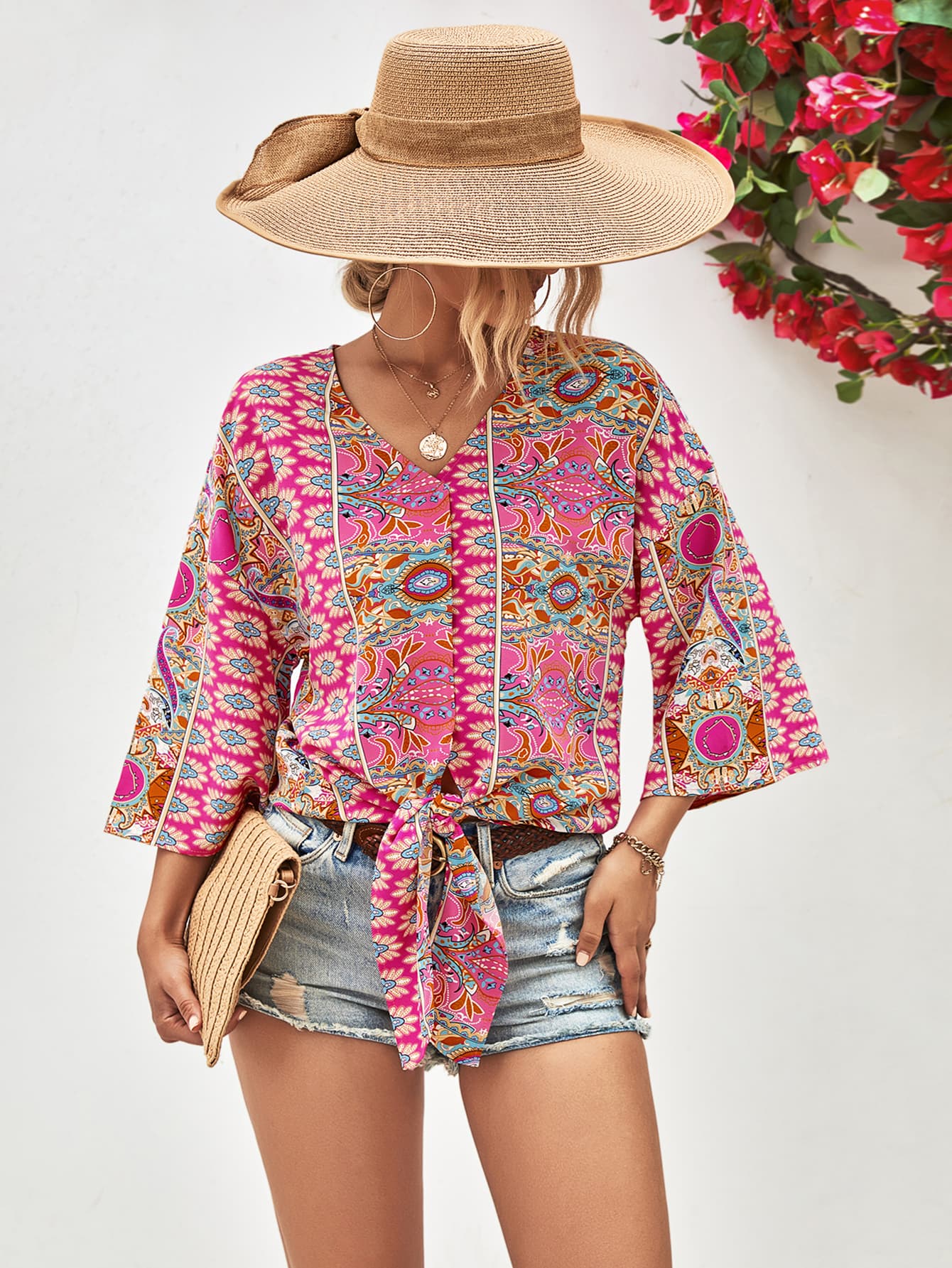 Beverly Paisley Boho Tie Hem V-Neck Three-Quarter Sleeve Blouse