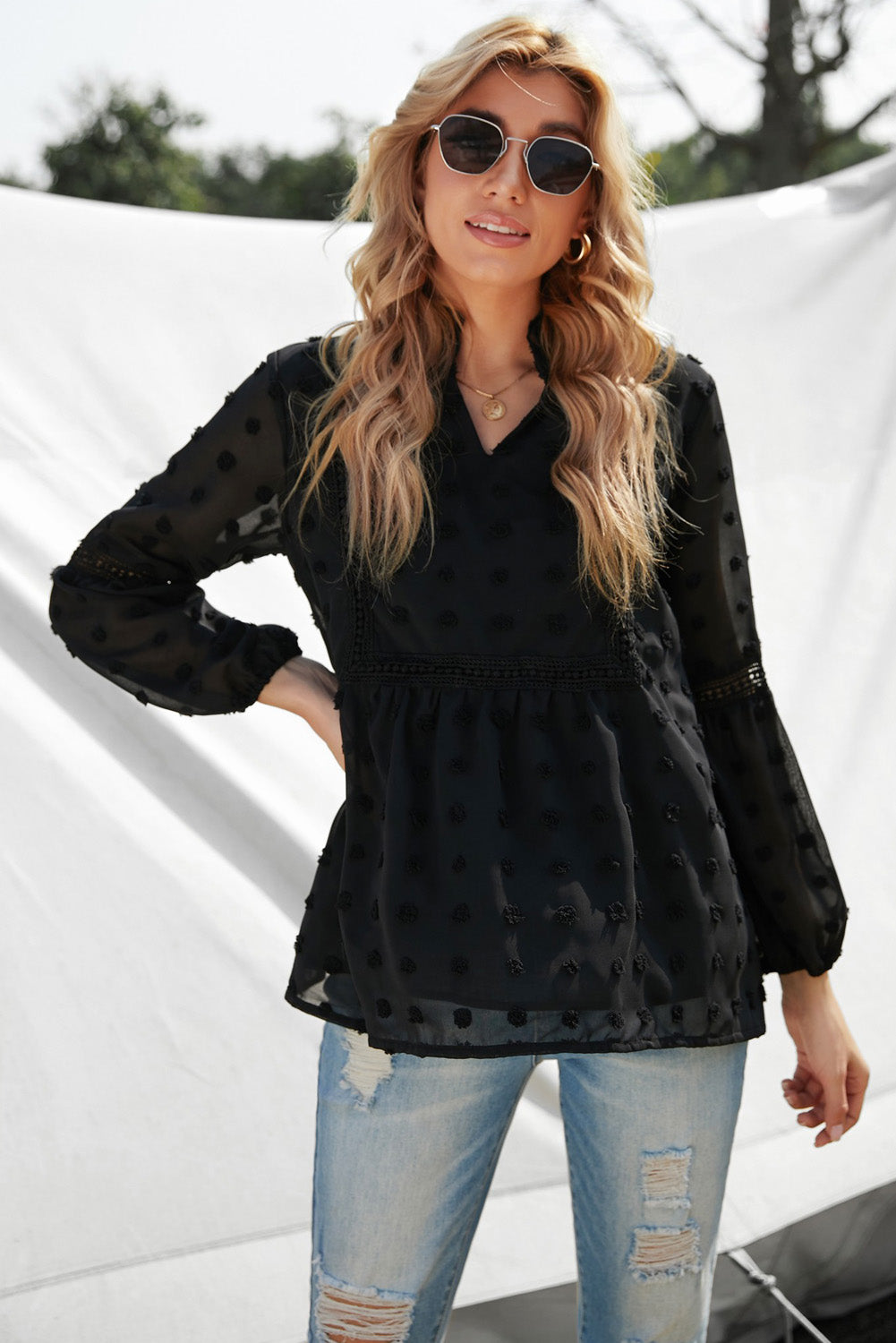 Boho Swiss Dot Frilled Notched Neck Blouse