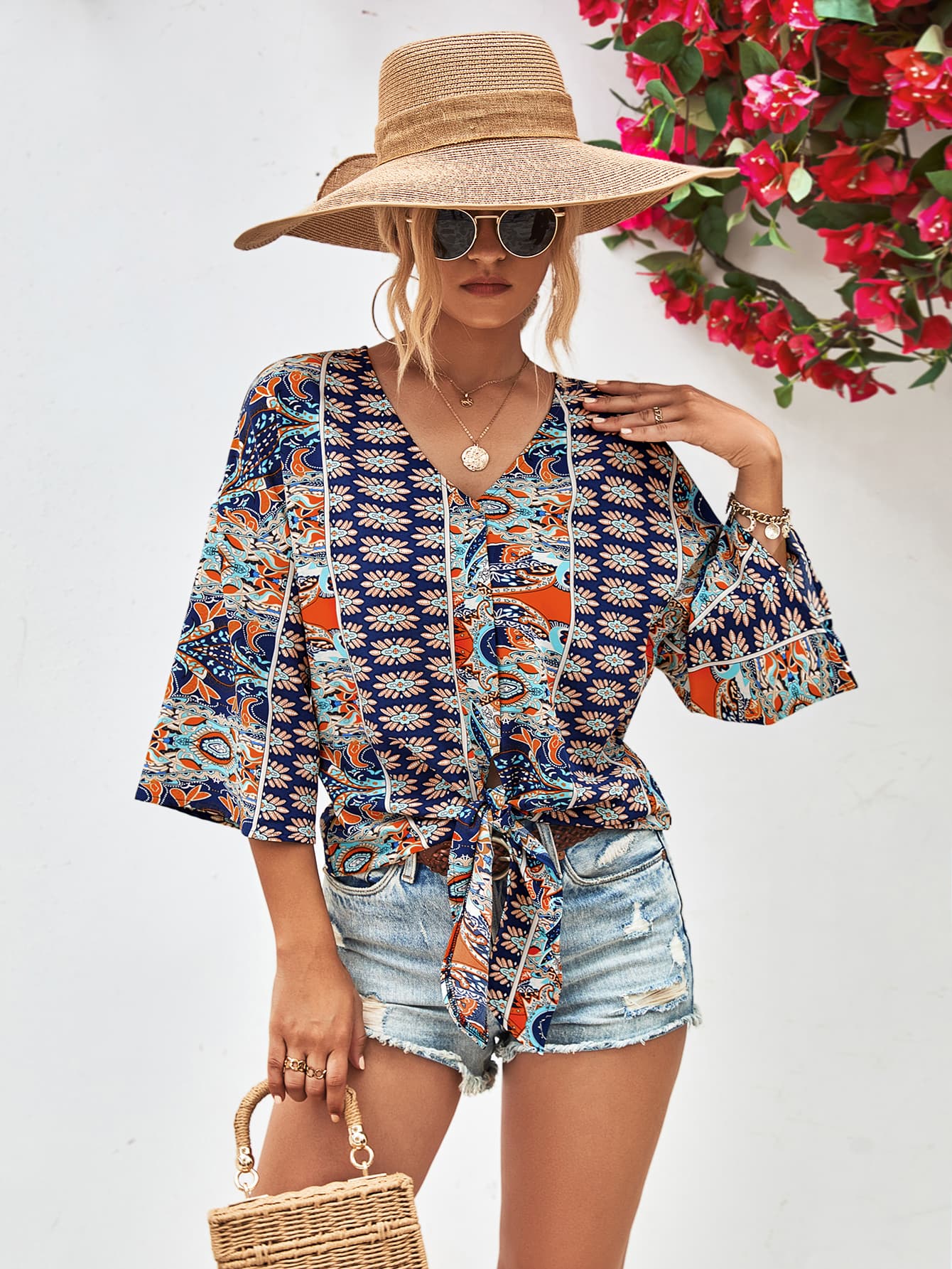 Beverly Paisley Boho Tie Hem V-Neck Three-Quarter Sleeve Blouse