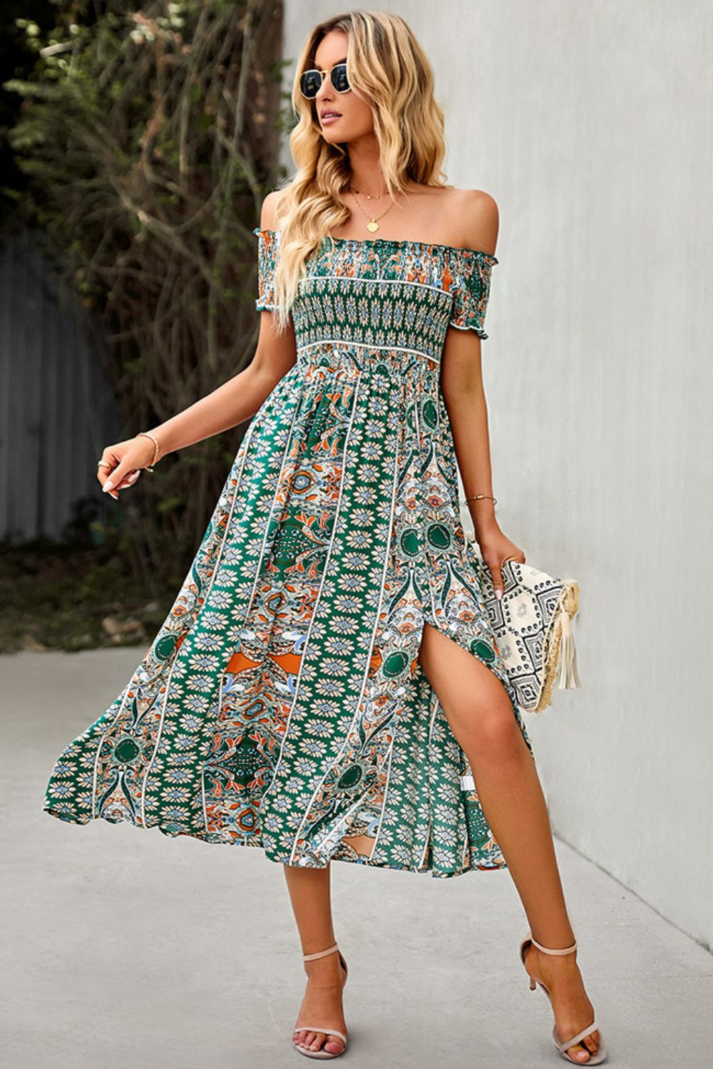Bohemian Off-Shoulder Midi Frill Trim Split Dress