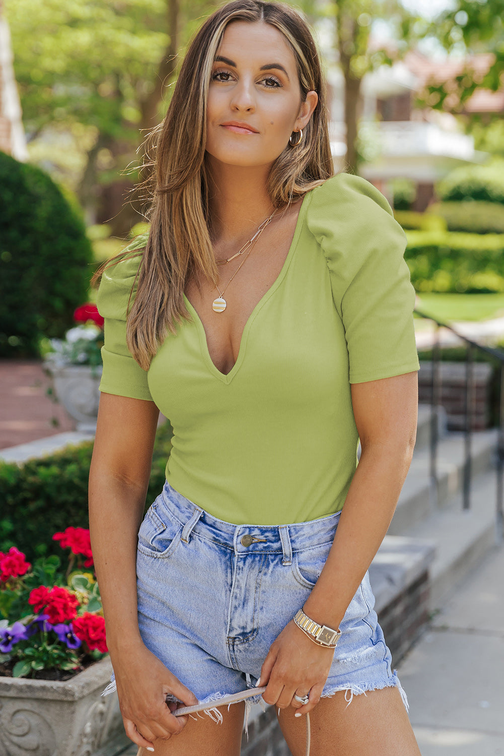 Boho Deep V-Neck Puff Sleeve Top