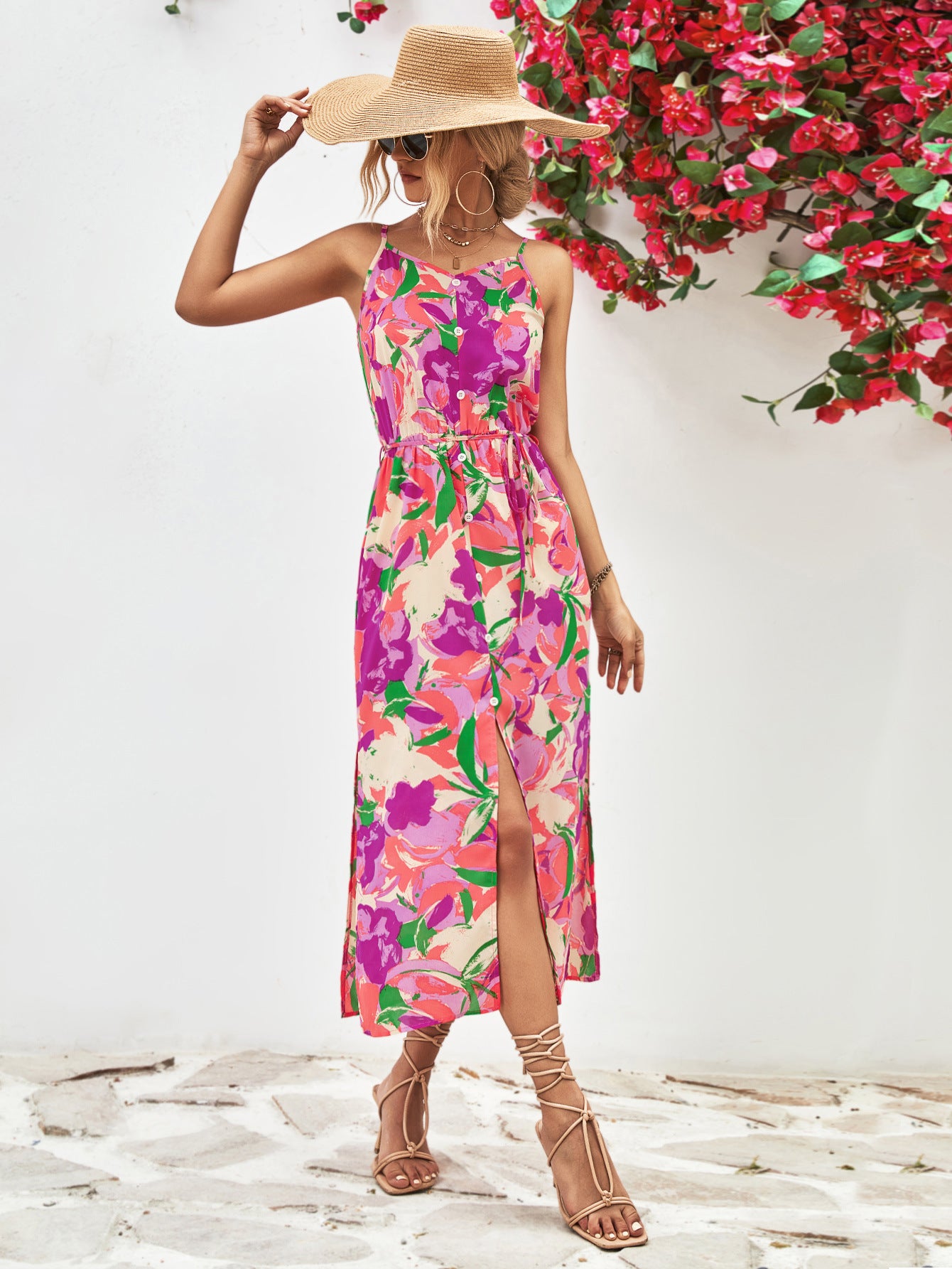 Gia Floral Printed Spaghetti Strap Front Slit Midi Dress
