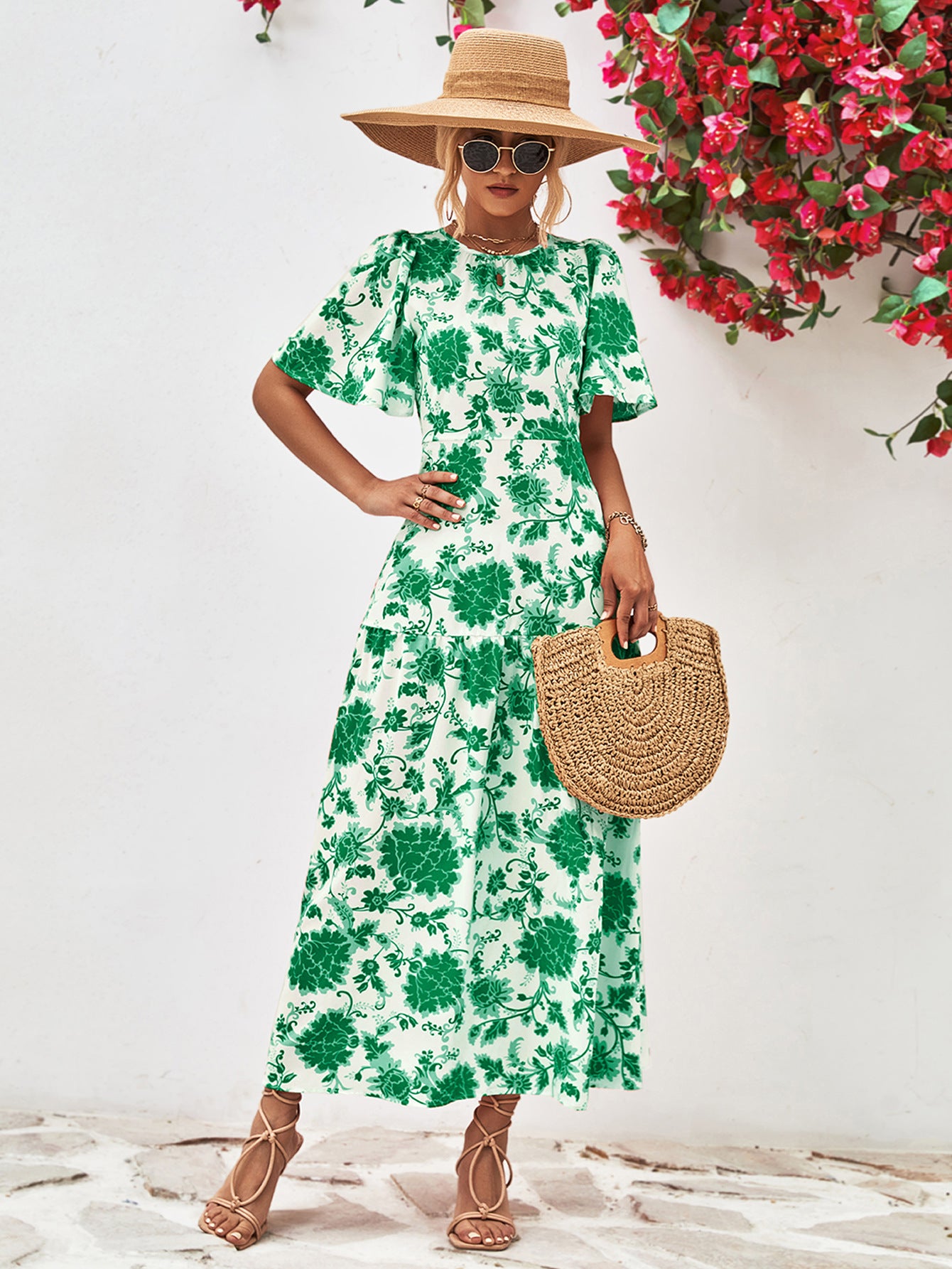 Amanda Boho Floral Round Neck Open Back Dress