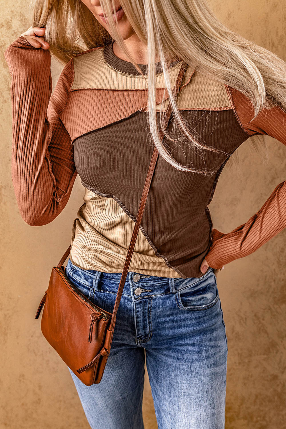 Boho Neutral Color Block Exposed Seam Long Sleeve Top