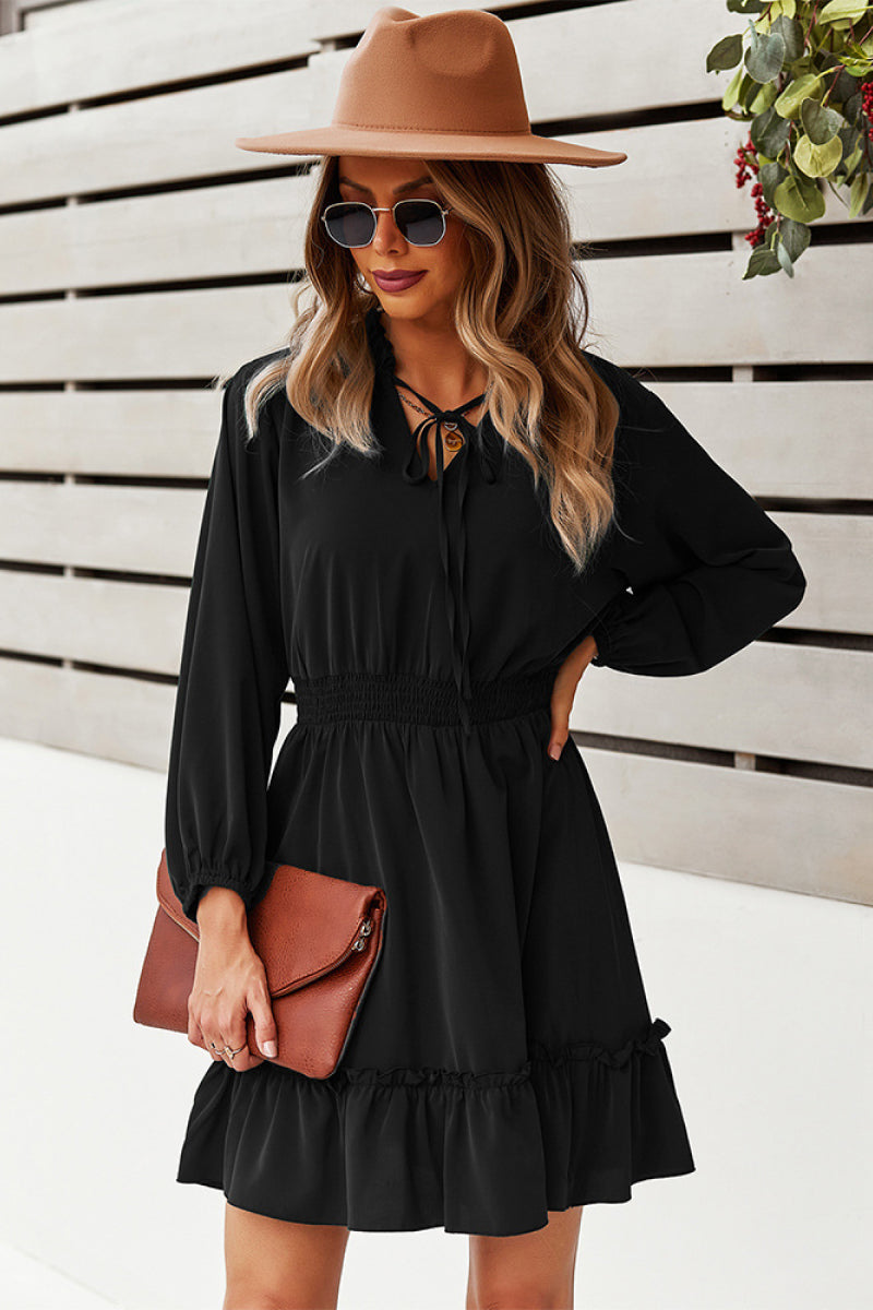 Camilla Tie Neck Smocked Waist Ruffle Hem Dress