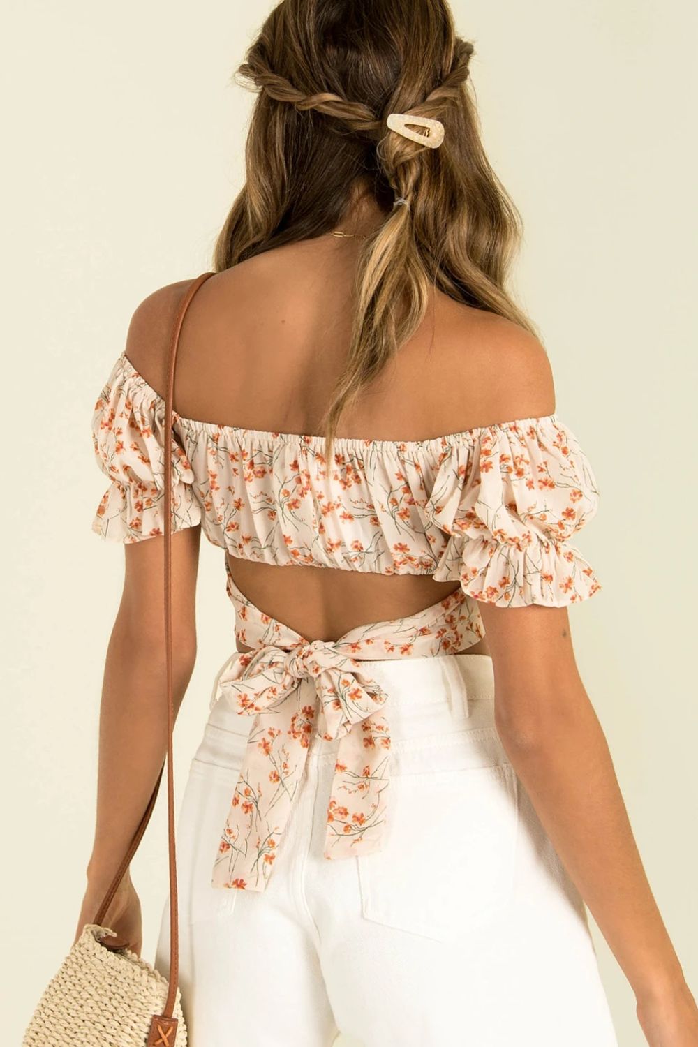 Boho Flower Print Ruffle Trim Off-Shoulder Back Tie Blouse