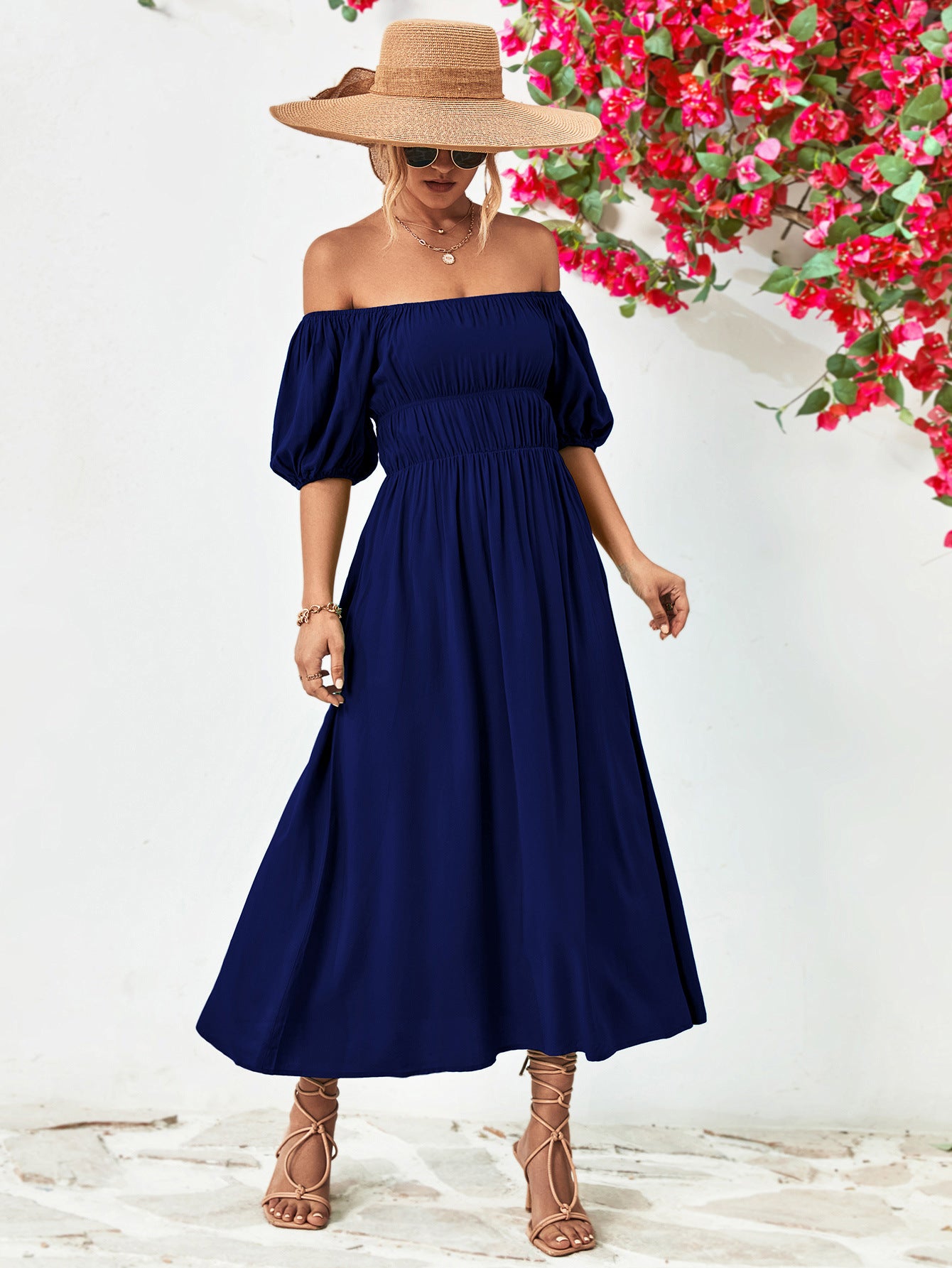 Hillary Boho Off the Shoulder Balloon Sleeve Midi Dress