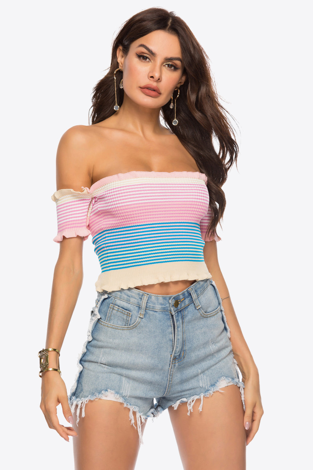 Boho Striped Off-Shoulder Frill Hem Knit Crop Top