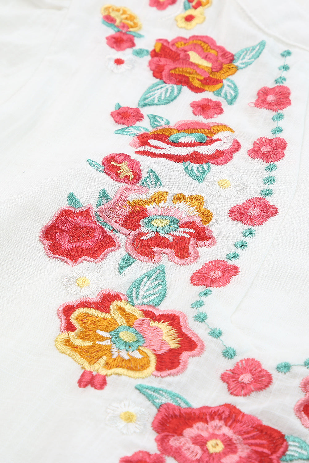 Boho Embroidered Notched Neck Flounce Sleeve Top