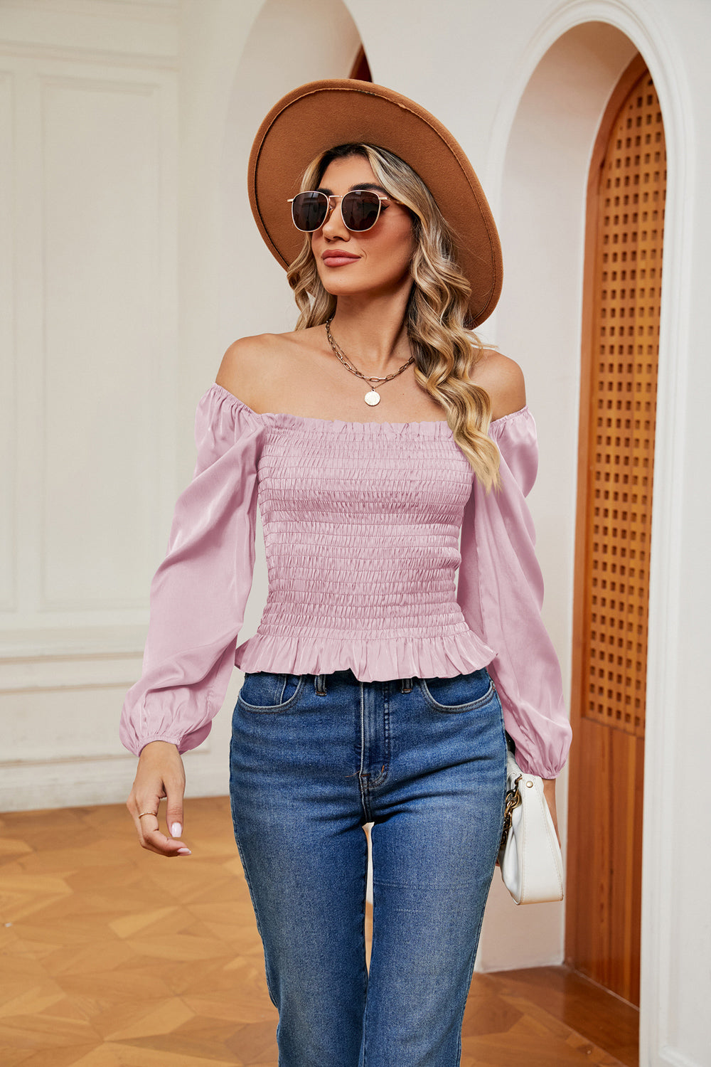 Bohemian Smocked Off the Shoulder Ruffle Hem Blouse