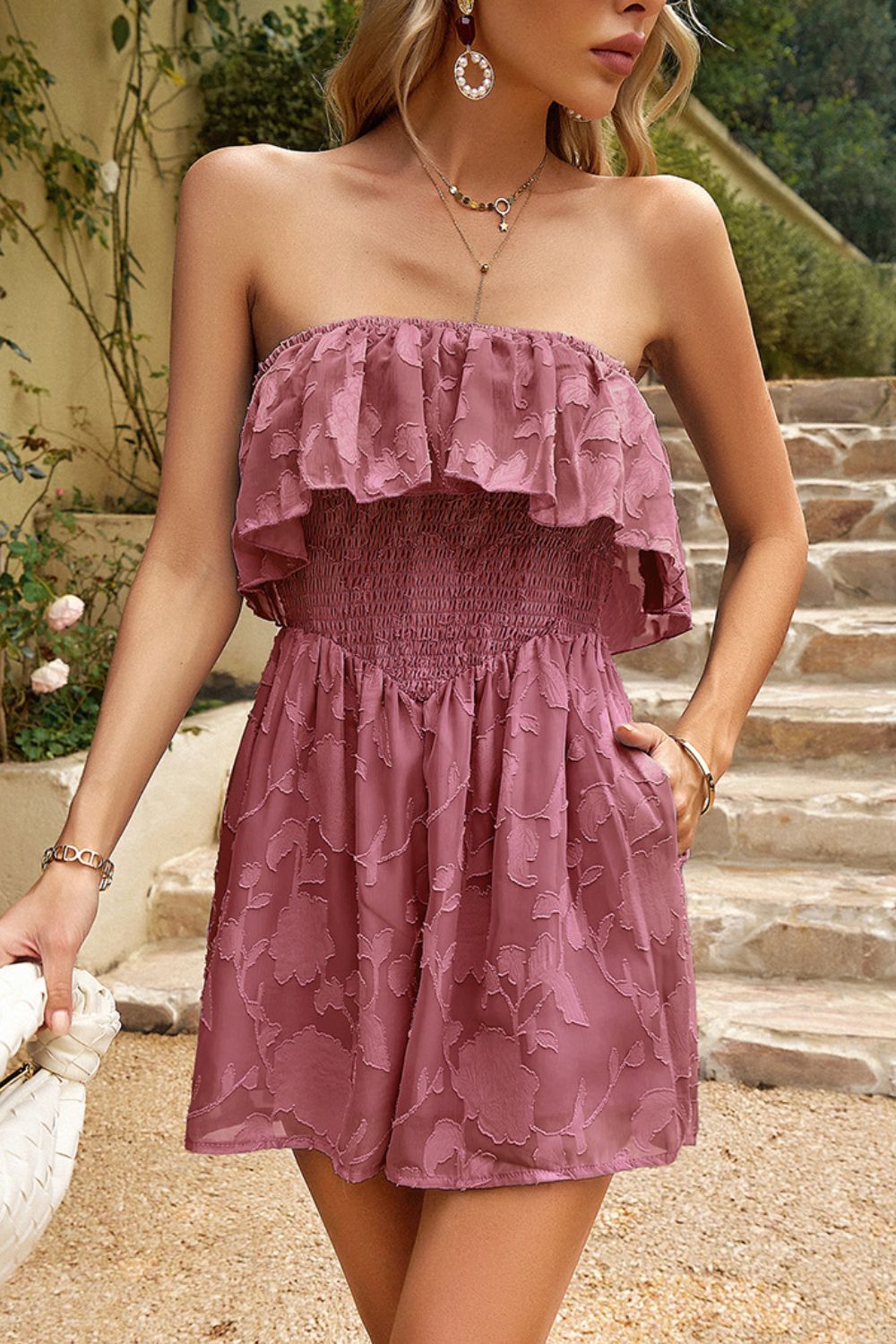 Boho Floral Strapless Layered Smocked Romper